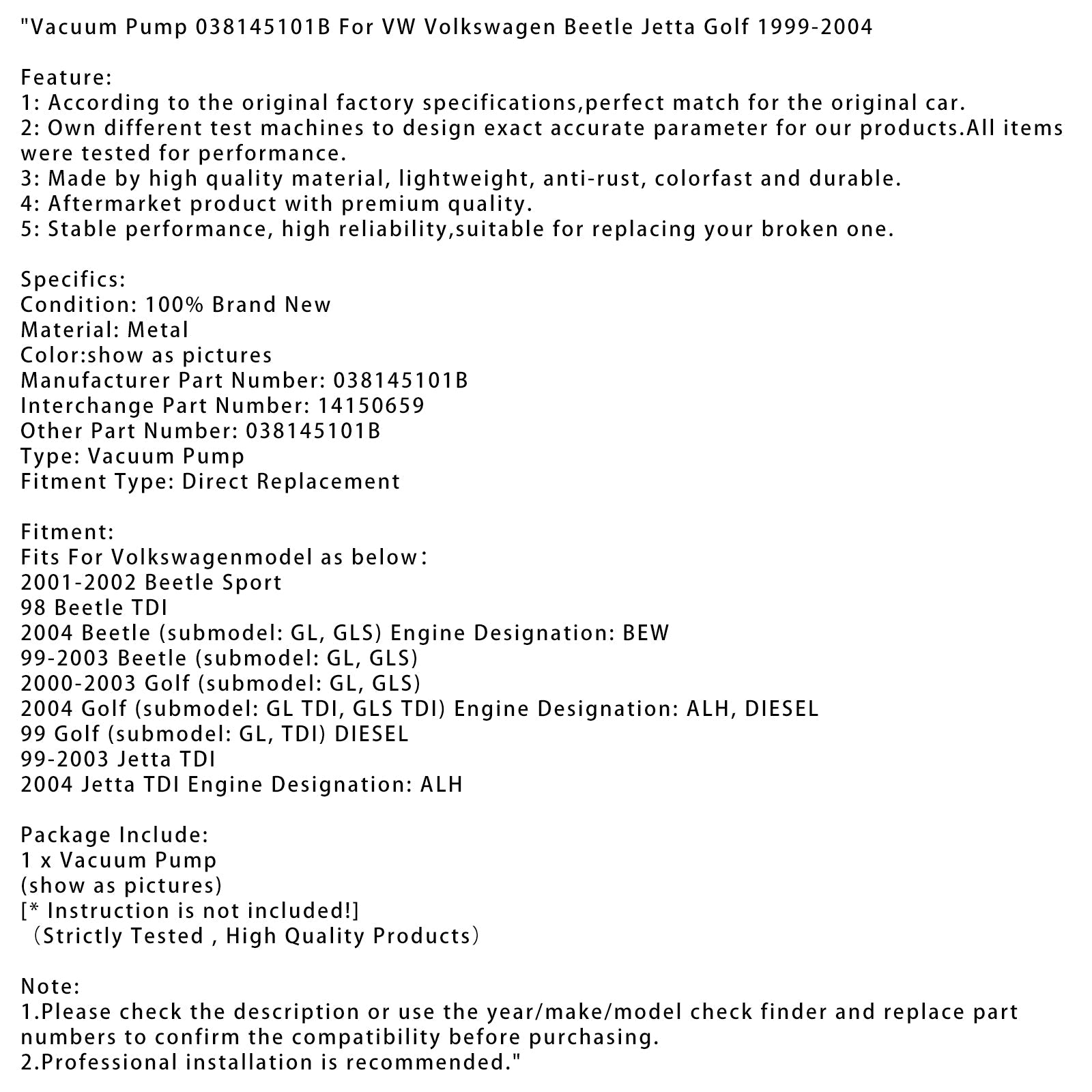 Tyhjiöpumppu 038145101b 14150659 Beetlelle 1999-2003 (Mommodèle : GL, GLS)