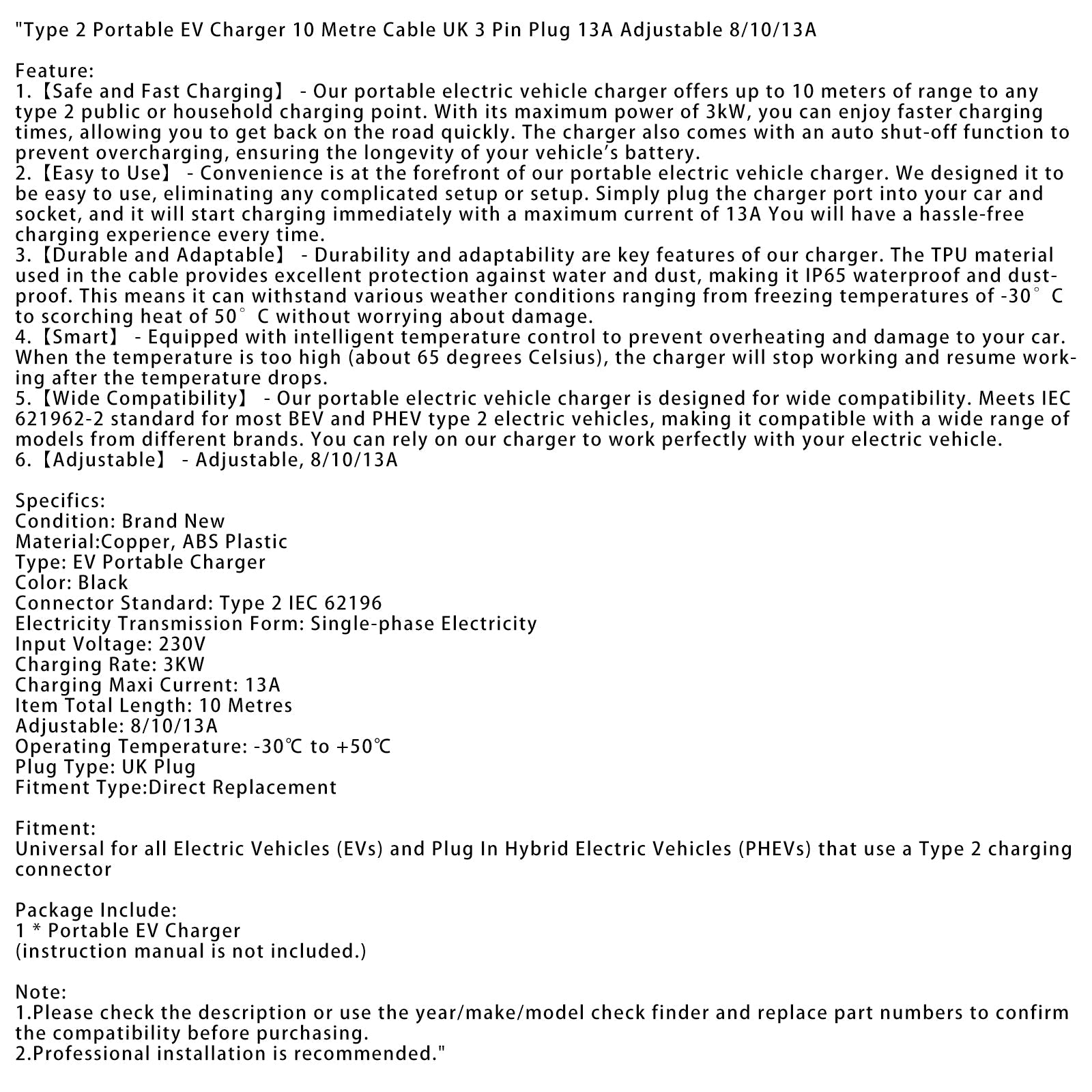 Type 2 draagbare EV-oplader, 10 meter kabel, 3-polige UK-stekker, 13 A verstelbaar