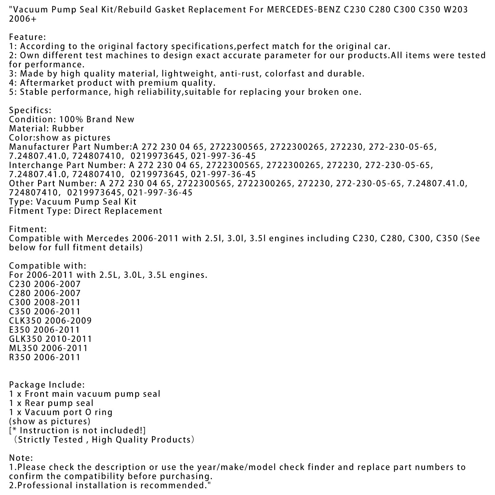 Kit van vacuümpompverbindingen/vervangende afdichting voor Mercedes-Benz C230 C280 C300
