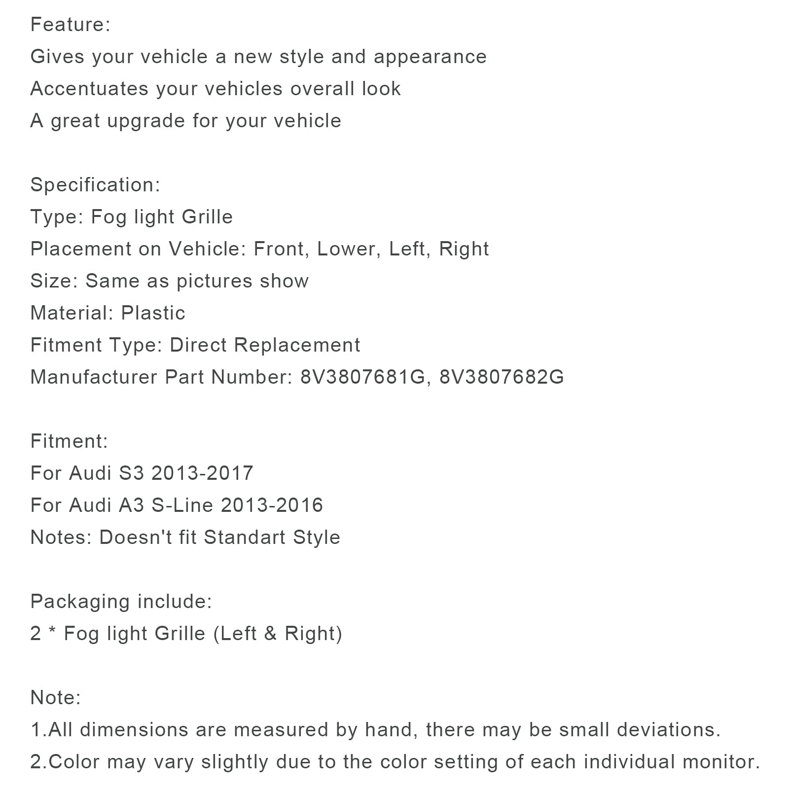 Parachoques inferior cubierta de luz antiniebla parrilla para AUDI A3 S3 S-Line 2013-2016