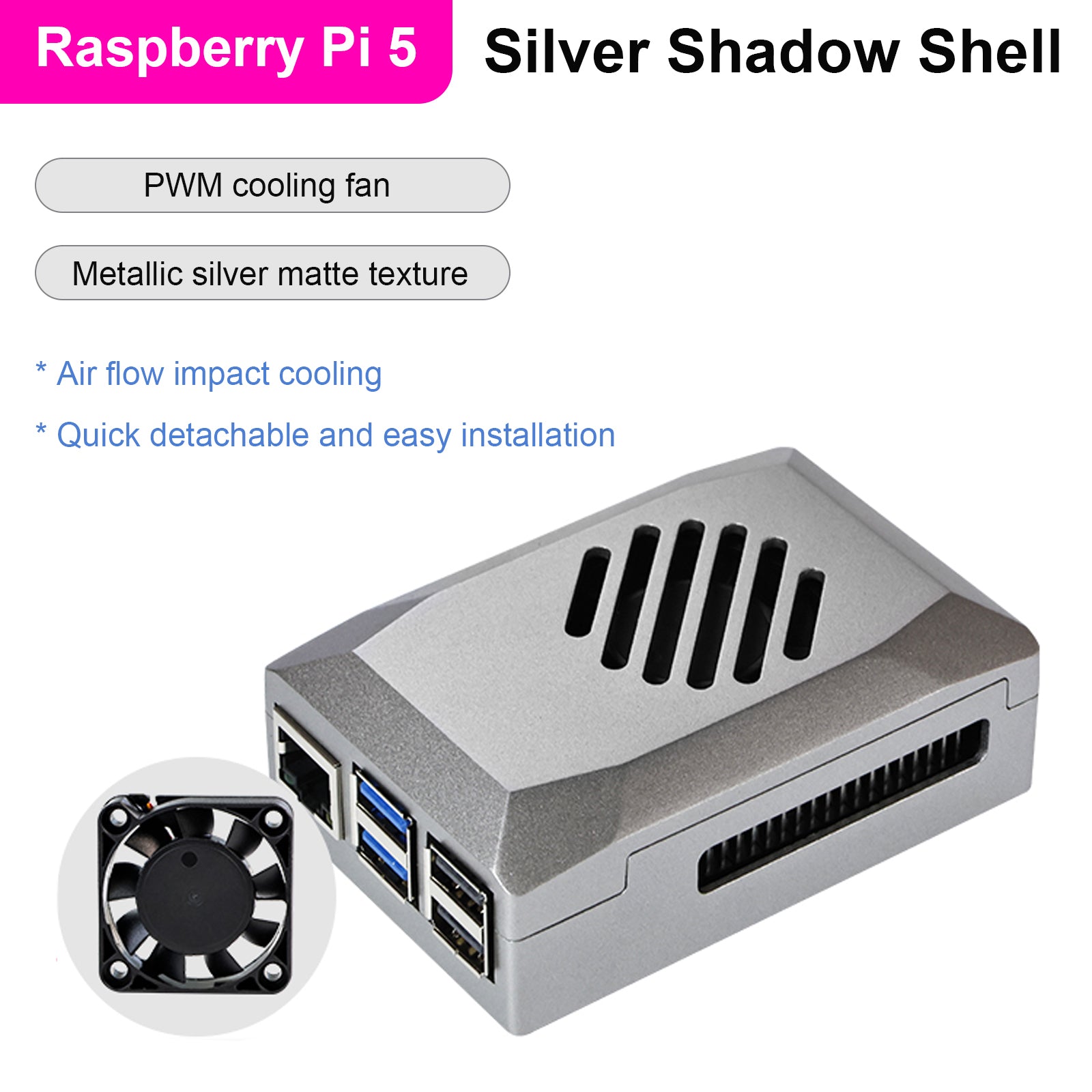 Raspberry Pi 5 Silver Shadow Shell beschermdoos ABS Materiaal Snelheidsventilator