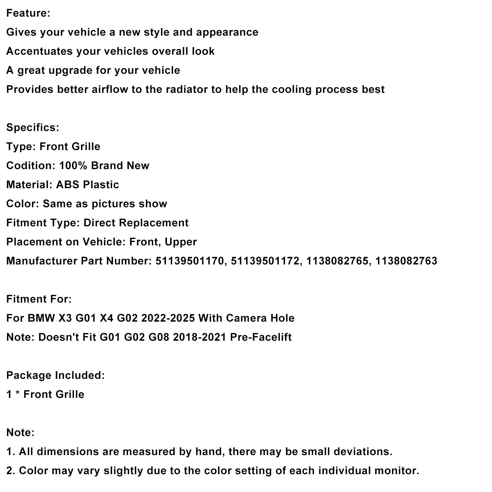 Rejilla frontal negra brillante para BMW X3 G01 X4 G02 2022-2025 51139501170