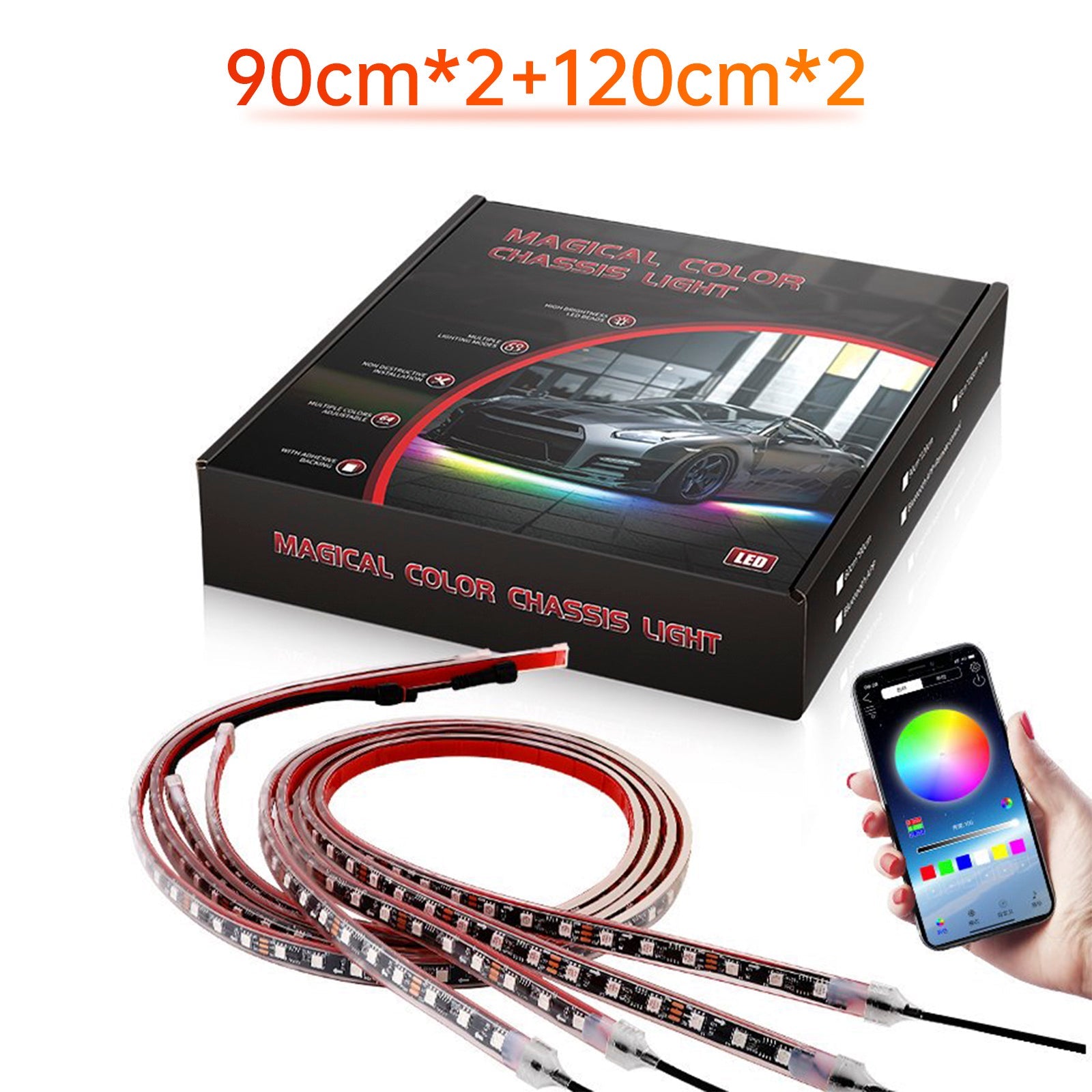 Juego de 4 luces LED para chasis, con controlador'Aplicación de luz ambiental de fantasía, 90 cm x 2 + 120 cm x 2