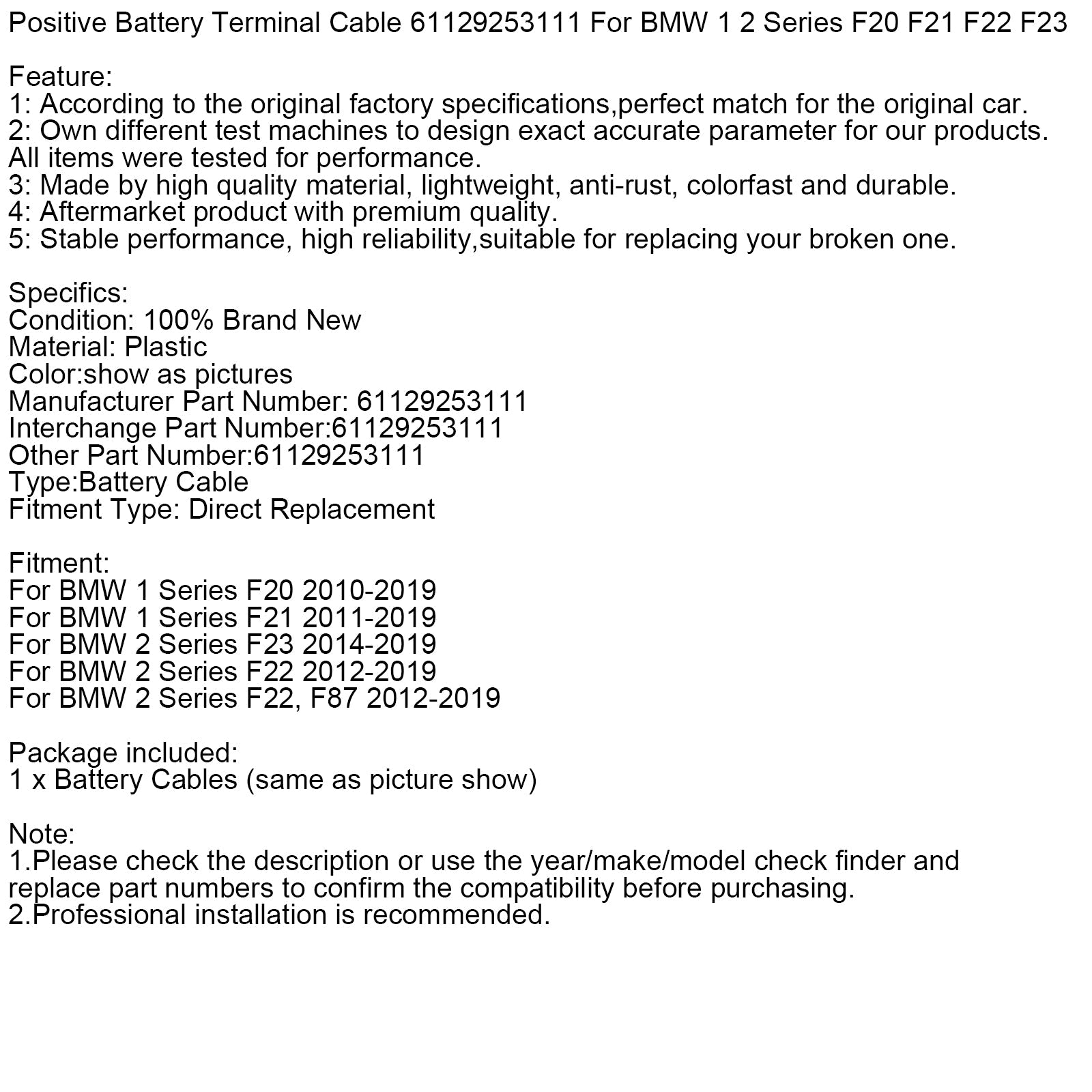 Câble de borne positive de batterie 61129253111 pour BMW Série 1 et 2 F20 F21 F22 F23