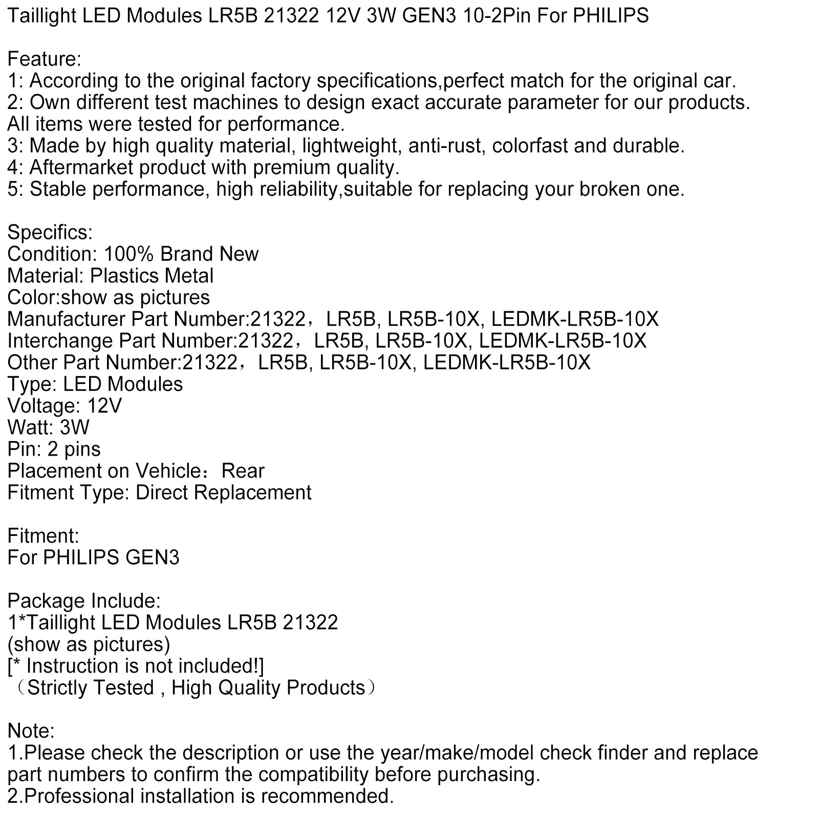 Modules de feux arrière LED LR5B 21322 12 V 3 W GEN3 10-2 broches pour PHILIPS