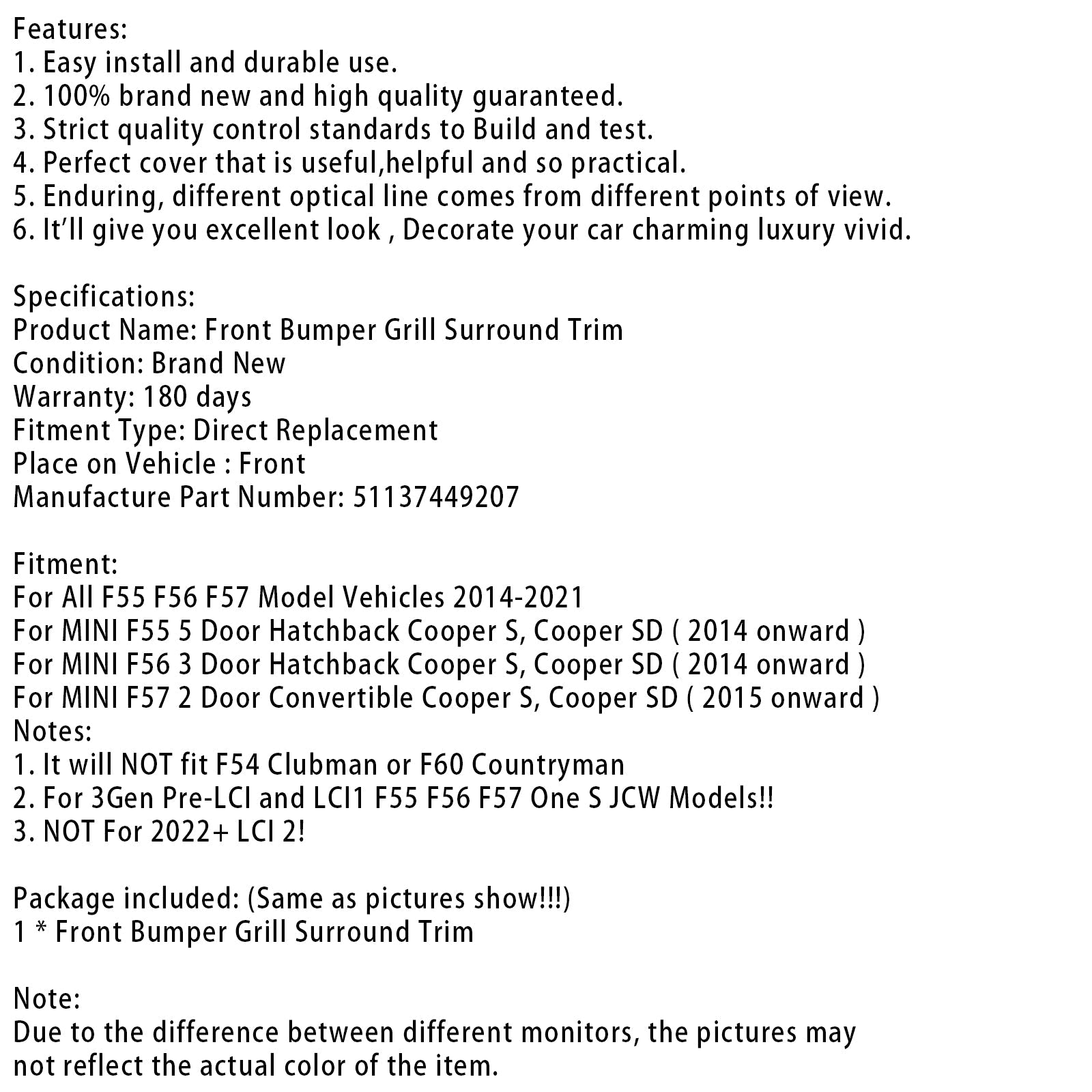 Mini Cooper F55 F56 F57 2014-2021 51137449207 Front Grillet