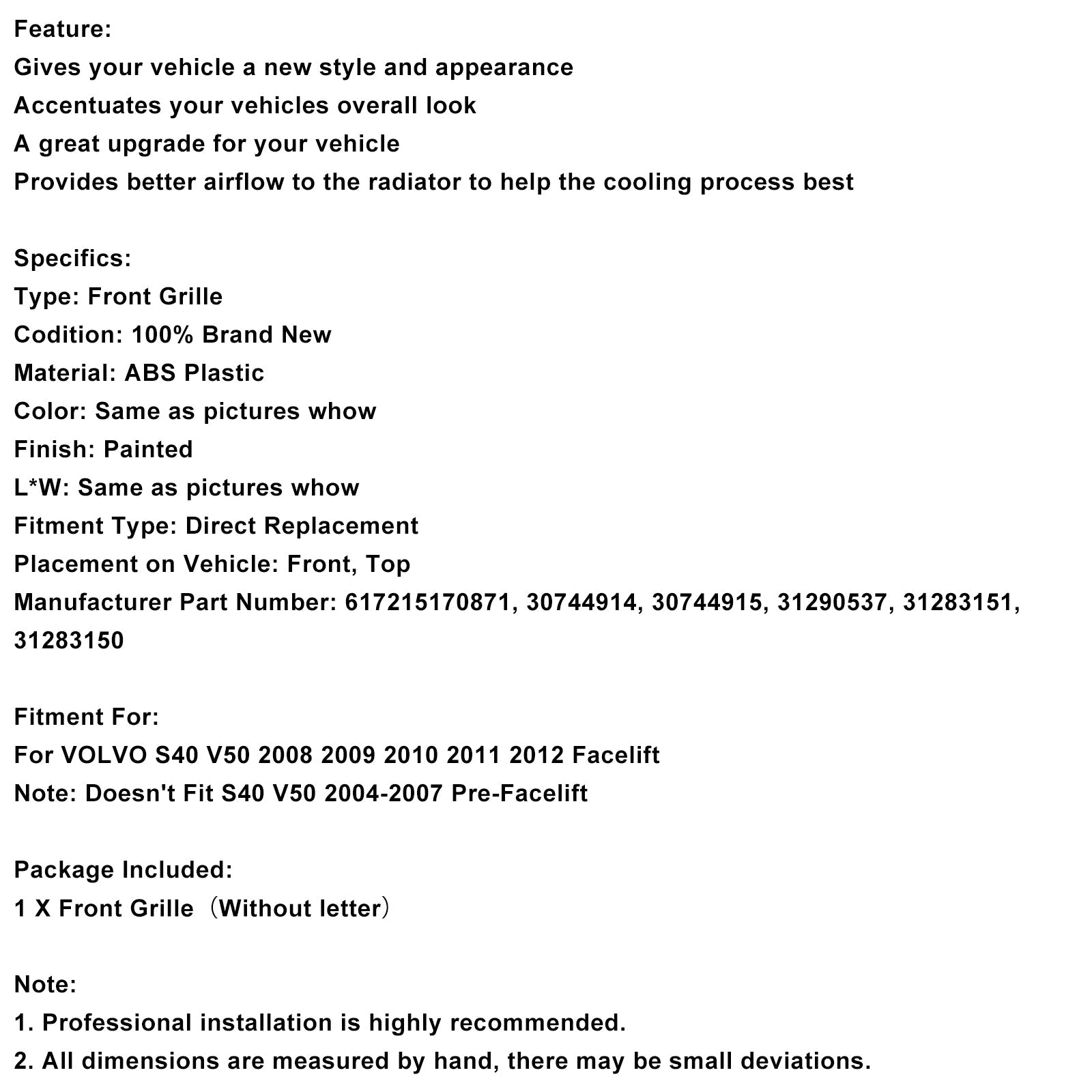 Grille de calandre en nid d'abeille pour pare-chocs avant noir brillant Volvo S40 V50 2008-2012