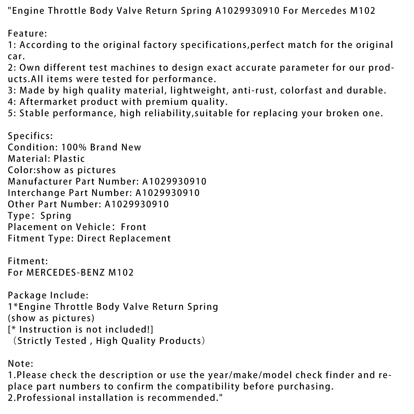 Perhonen venttiilin muistutus Mercedes M102 A1029930910 -moottorille