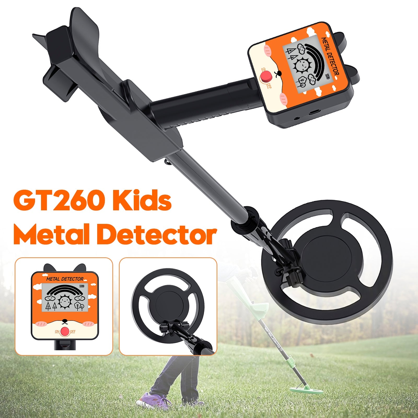 Detector de metales GT260 para niños resistente al agua con bobina de búsqueda de 6,3 pulgadas, color negro