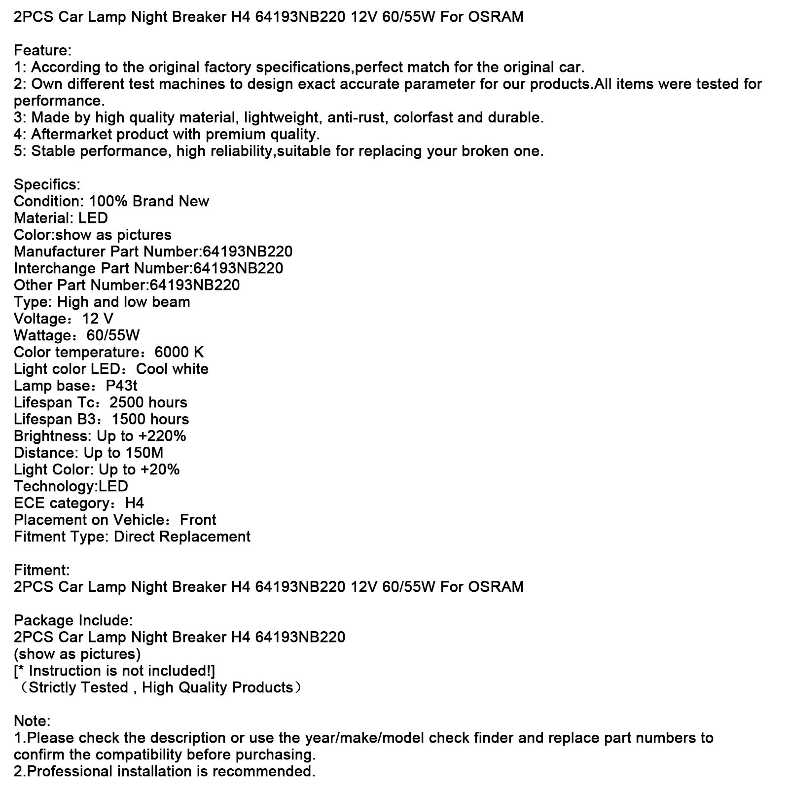 Lot de 2 ampoules de voiture H4 64193NB220 12 V 60/55 W pour OSRAM