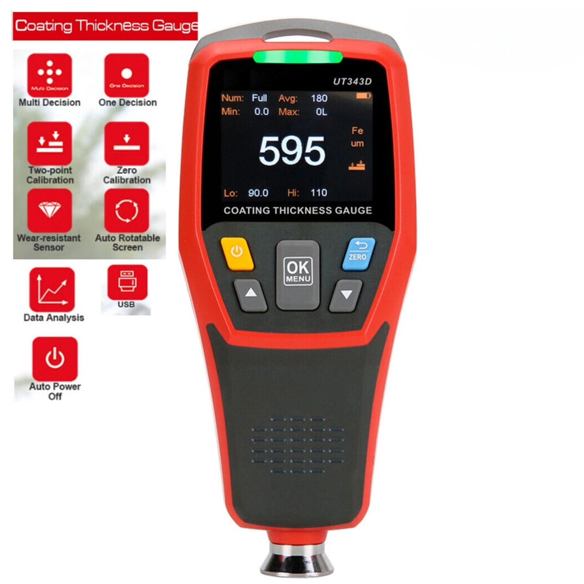 UT343D Digitale laagdiktemeter, meetbereik: 0-1250 µm