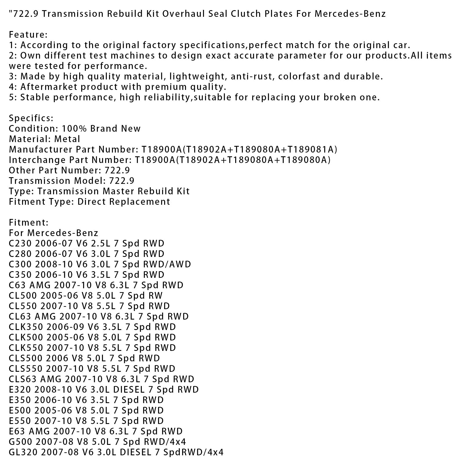 Kit di ricostruzione della trasmissione 722.9, guarnizioni e guarnizioni&#39;frizione, dischi&#39;frizione per Mercedes-Benz