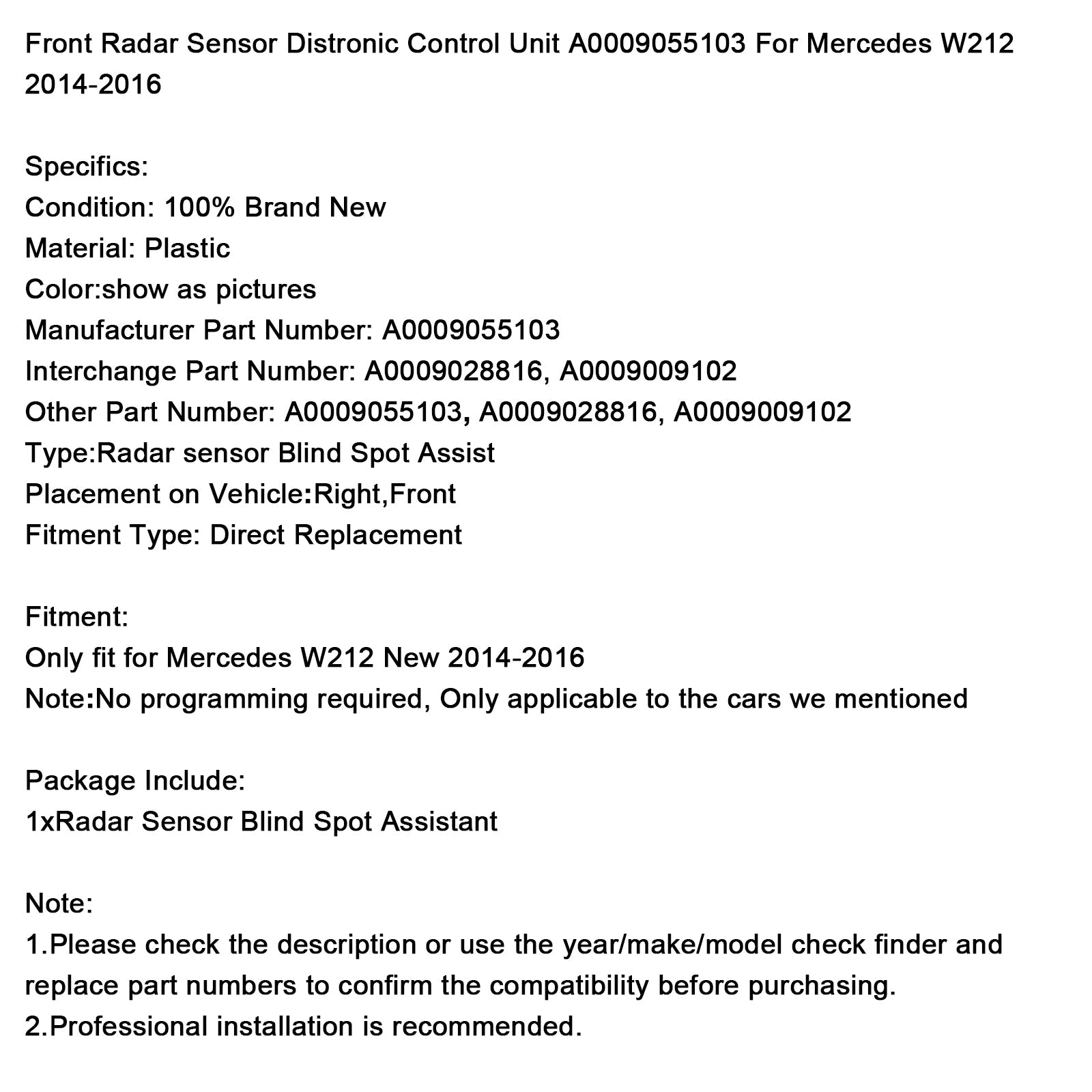 Sensor de radar delantero de Mercedes W212 2014-2016 A0009055103 A0009028816 A0009009102