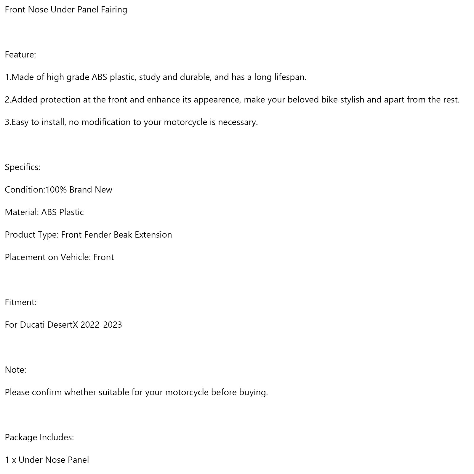 2022-2023 Ducati Desert X Alerón de cubierta de cono de nariz y labio de guardabarros delantero