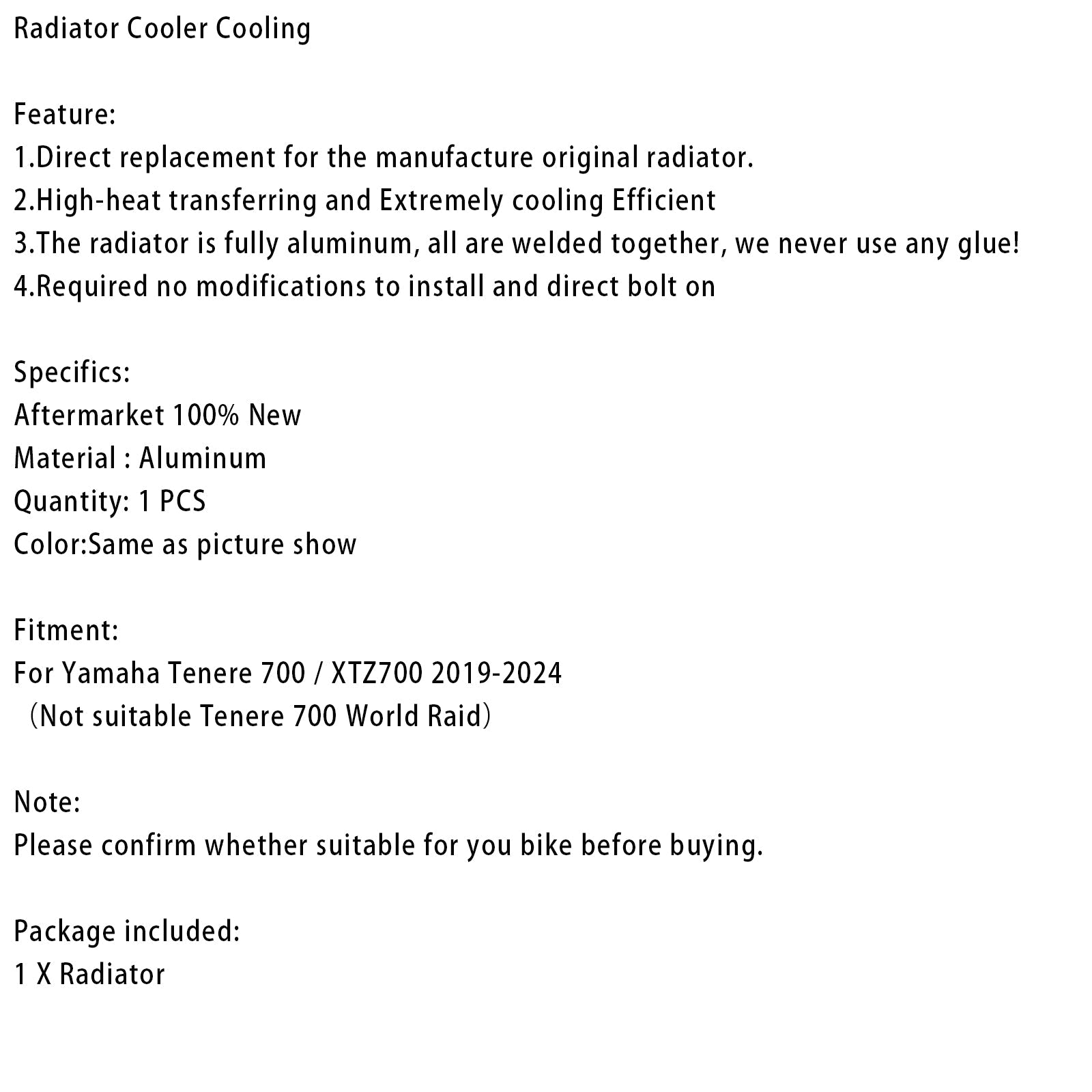 Enfriador de enfriamiento de radiador Yamaha Tenere 700 XTZ700 2019-2024