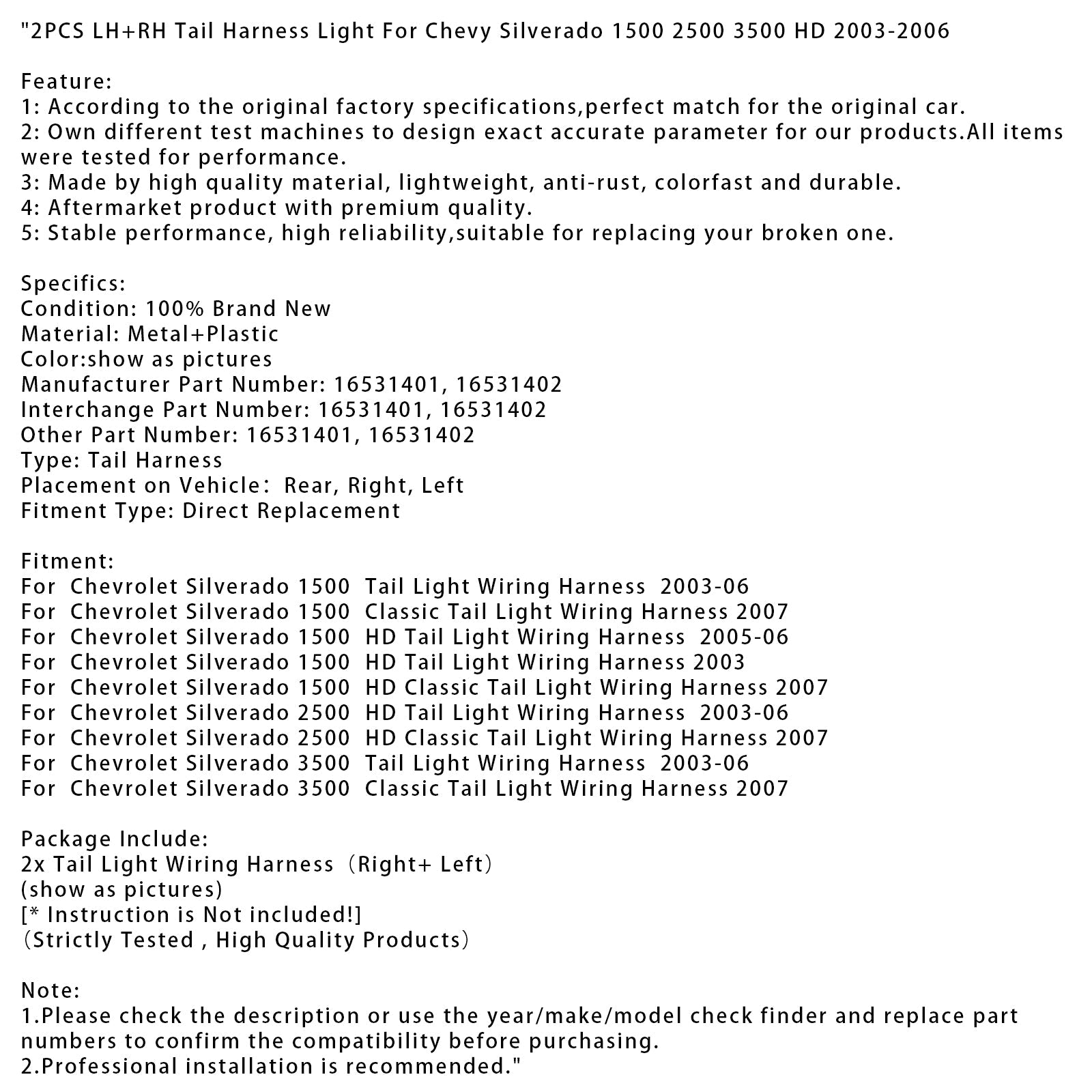 2 feux arrière gauche et droit pour Chevy Silverado 1500 2500 3500 HD 2003-2006