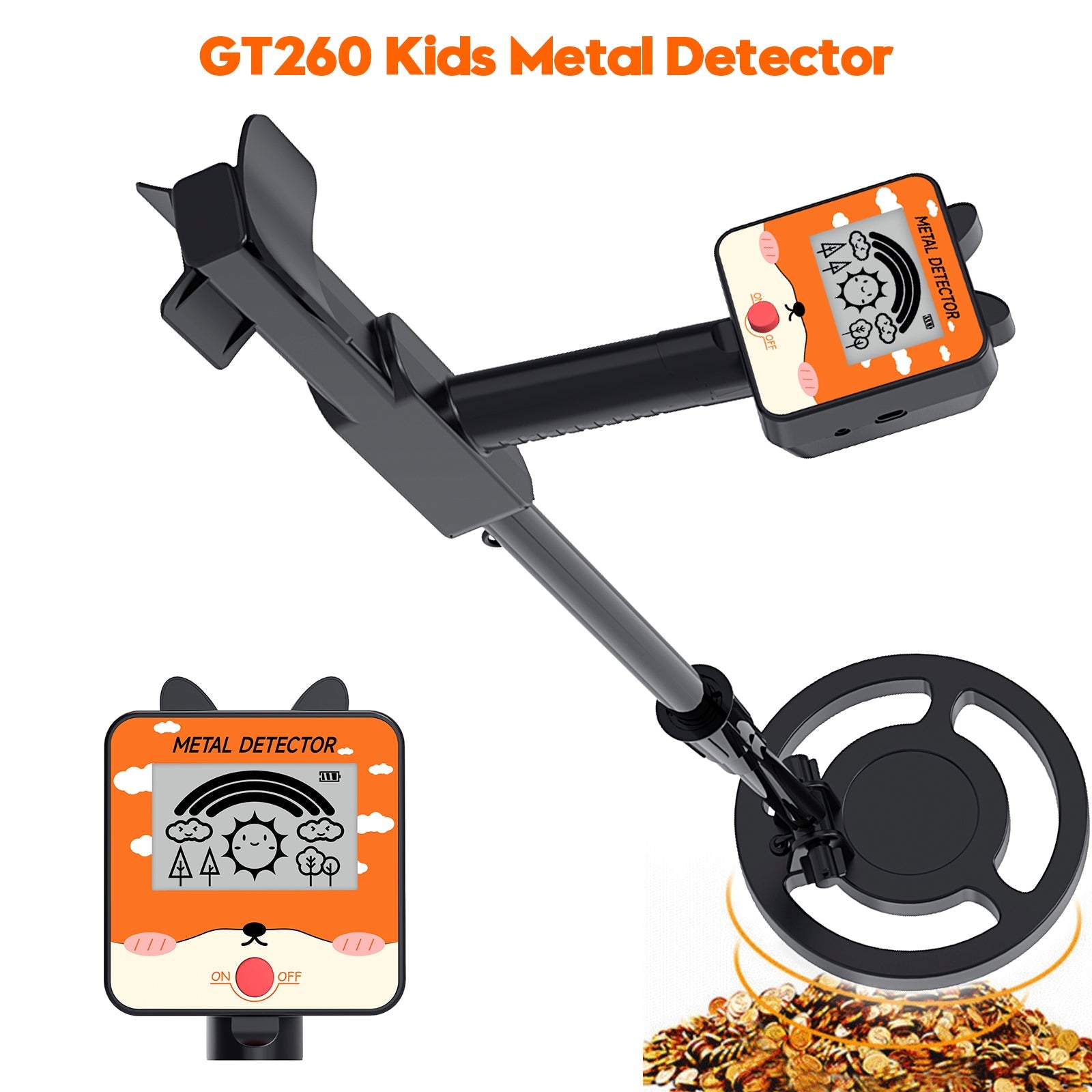 Detector de metales GT260 para niños resistente al agua con bobina de búsqueda de 6,3 pulgadas, color negro