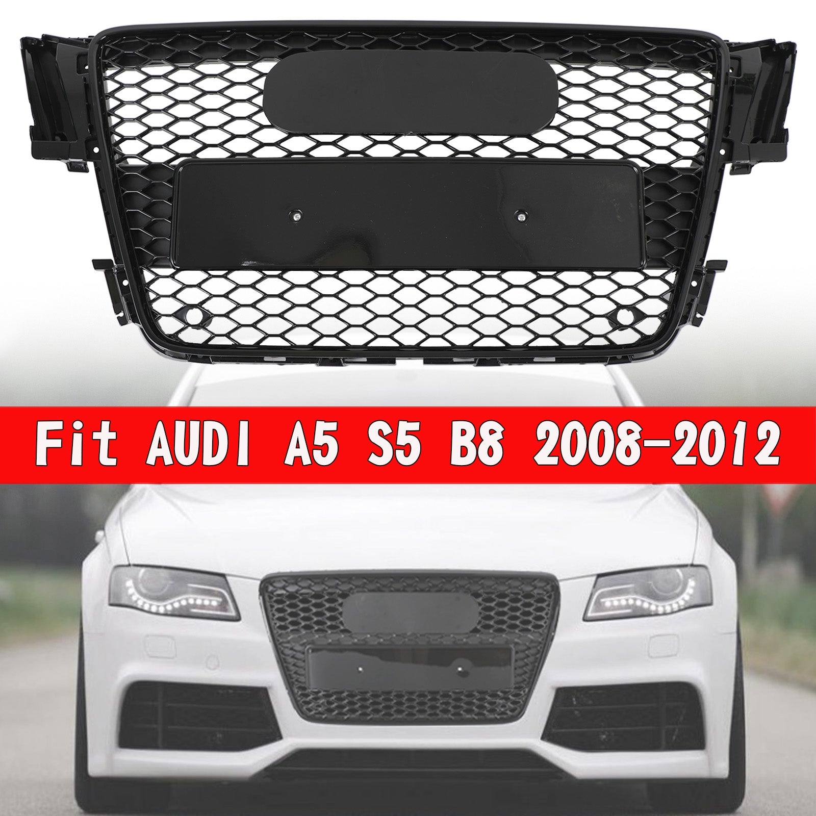 RS5 Style Hood Henycomb Sport mesh Grille Grill Fit AUDI A5 S5 B8 2008-2012