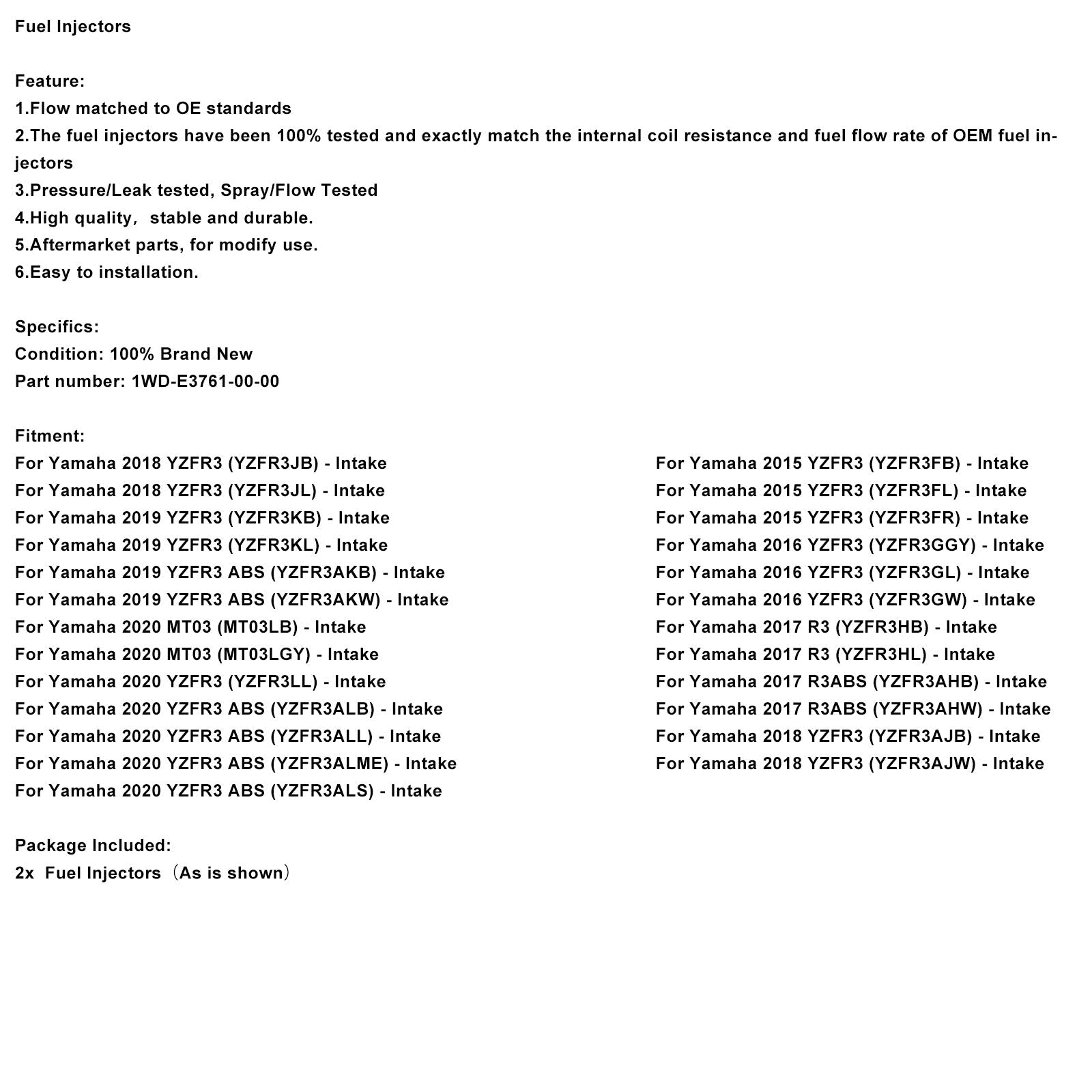 2x inyector de combustible 1WD-E3761-00-00 para Yamaha YZF-R3 2015-2022