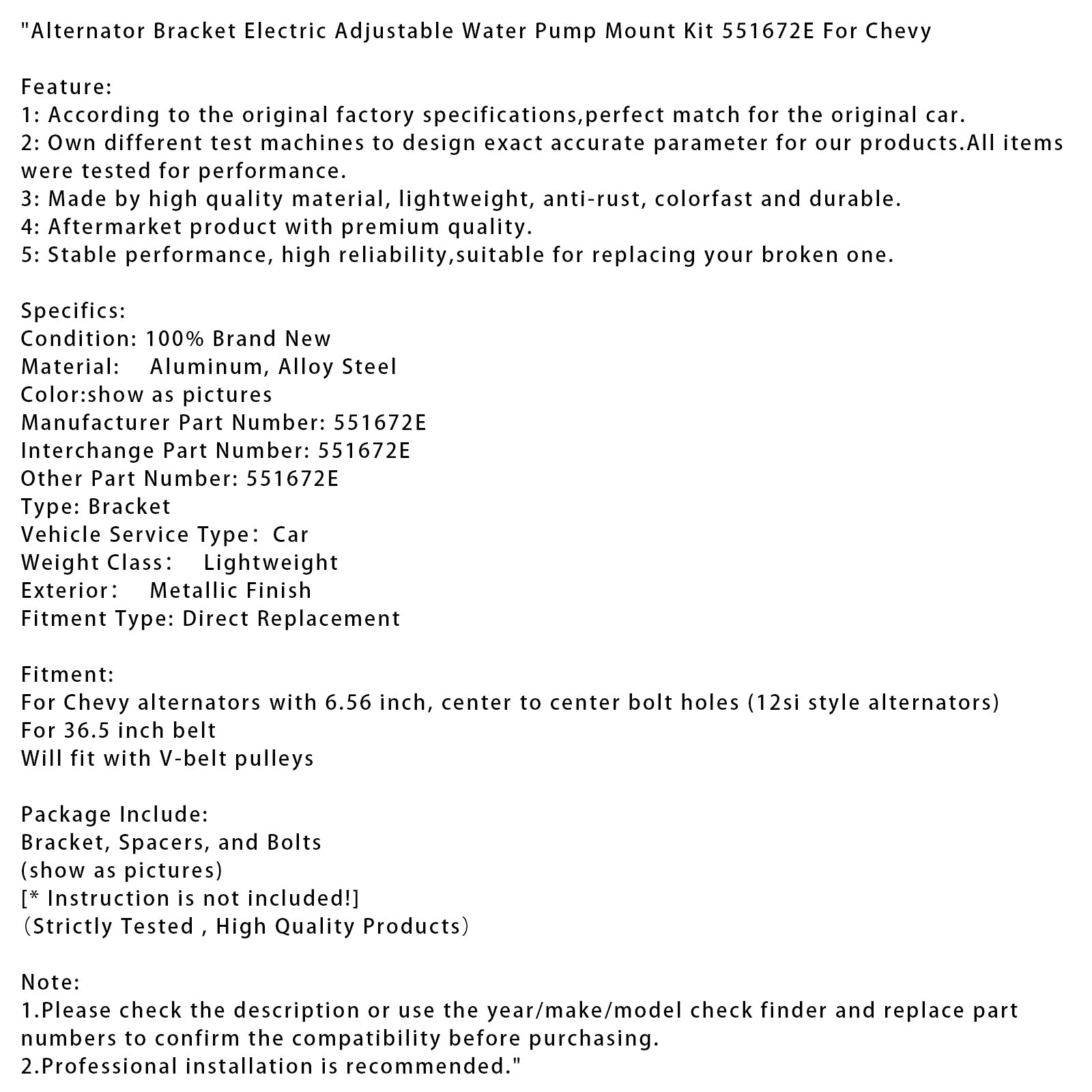 Kit de montaje de bomba de agua eléctrica ajustable para soporte alternador 551672E para Chevy