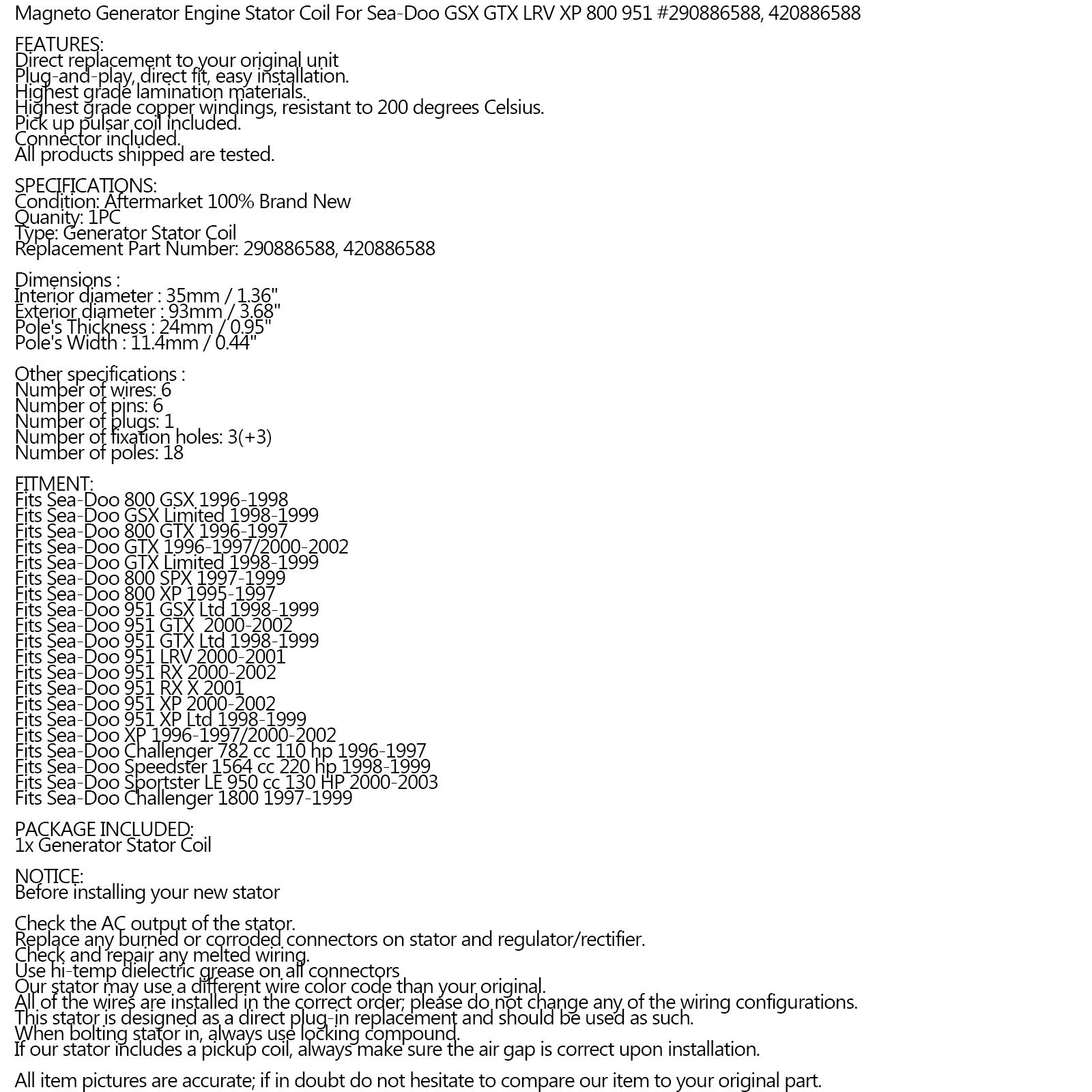 Stator Magneto For SeaDoo 800 951 GTX GSX SPX RX XP 95-03 290886588/ 420886588