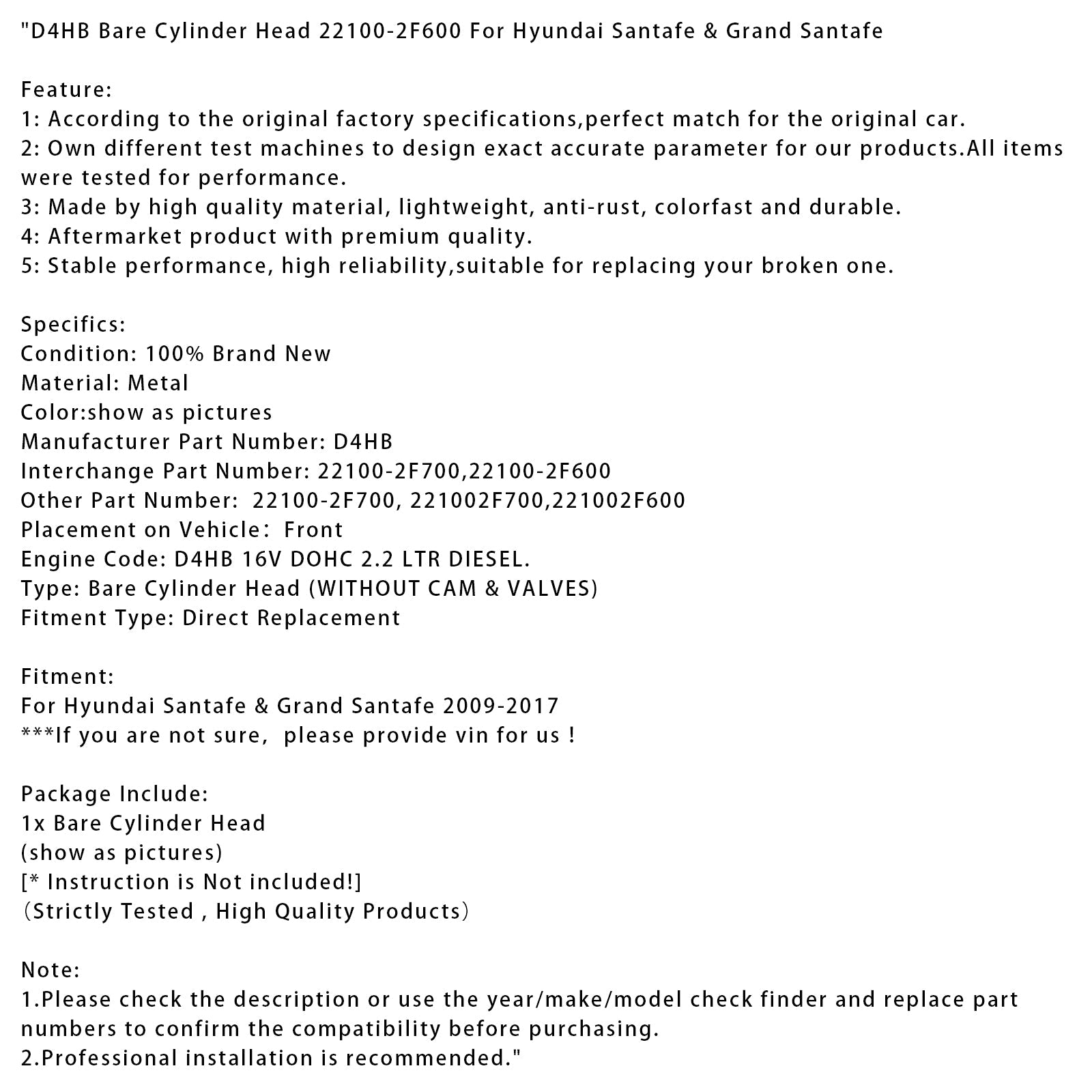 Gola glava motorja za Hyundai Santa Fe in Grand Santa Fe D4HB (2009-2017) - Kataloška številka 22100-2F600