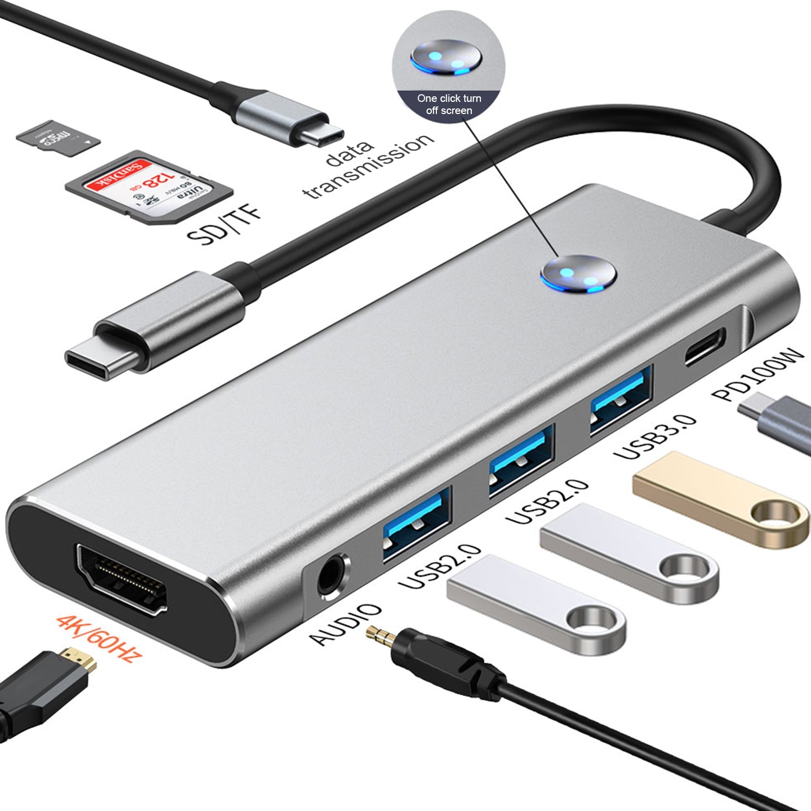 9 w 1 TYPE-C + USB3.0 USB2.0 Adapter koncentratora interfejsu danych audio HDMI SD/TF PD100W