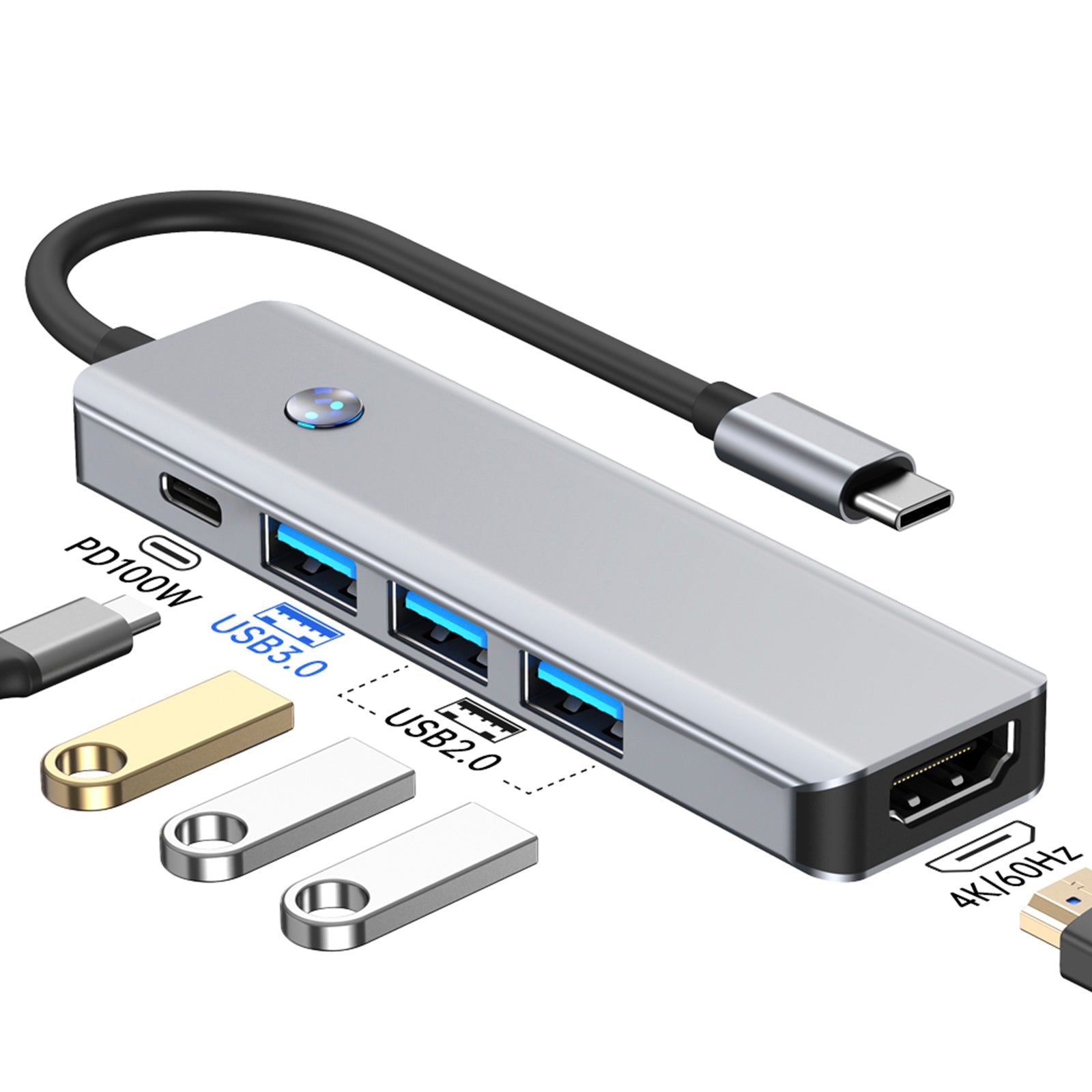 Adaptateur 5 en 1 TYPE-C + USB 3.0 (1 port) + USB 2.0 (2 ports) + HDMI + PD100W pour MacBook