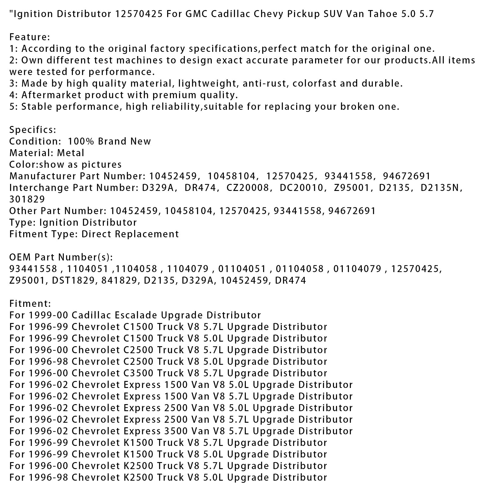 Distributore di'12570425 Accensione potenziata per camion Chevrolet K3500 5.7L V8 1996-2000