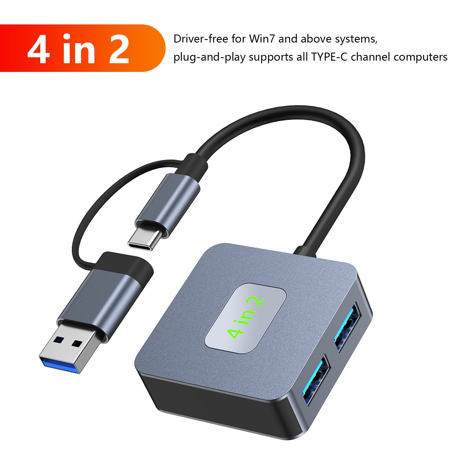 4 in 2 Type-C + USB naar USB3.2*4 Interface Hub-adapter voor MacBook iPad 15
