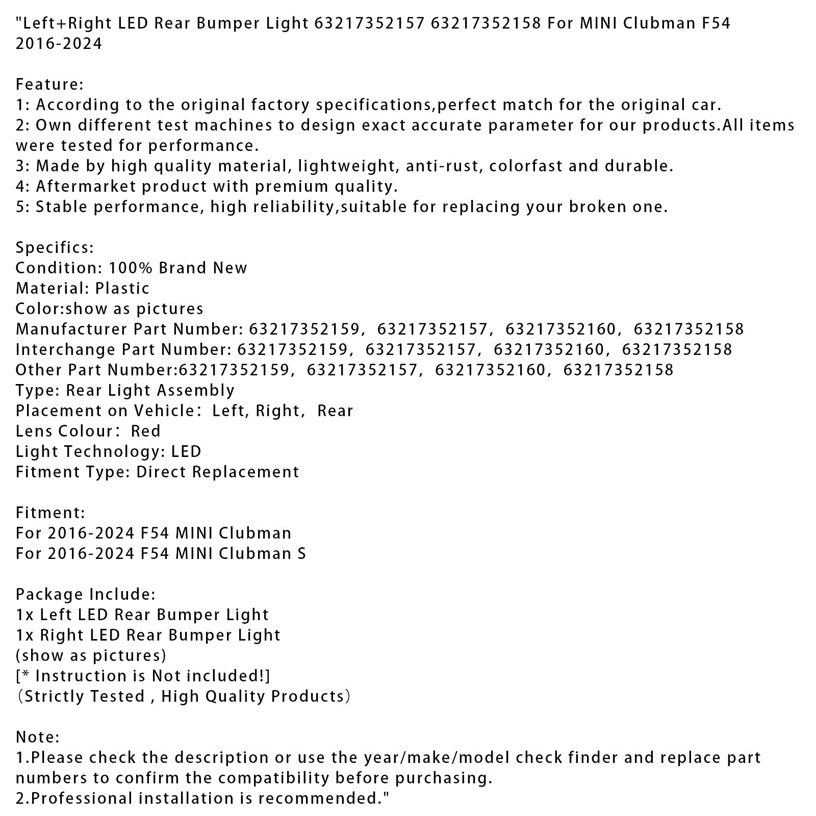 Feu de pare-chocs arrière à LED gauche et droit pour MINI Clubman F54 2016-2024 63217352157 58