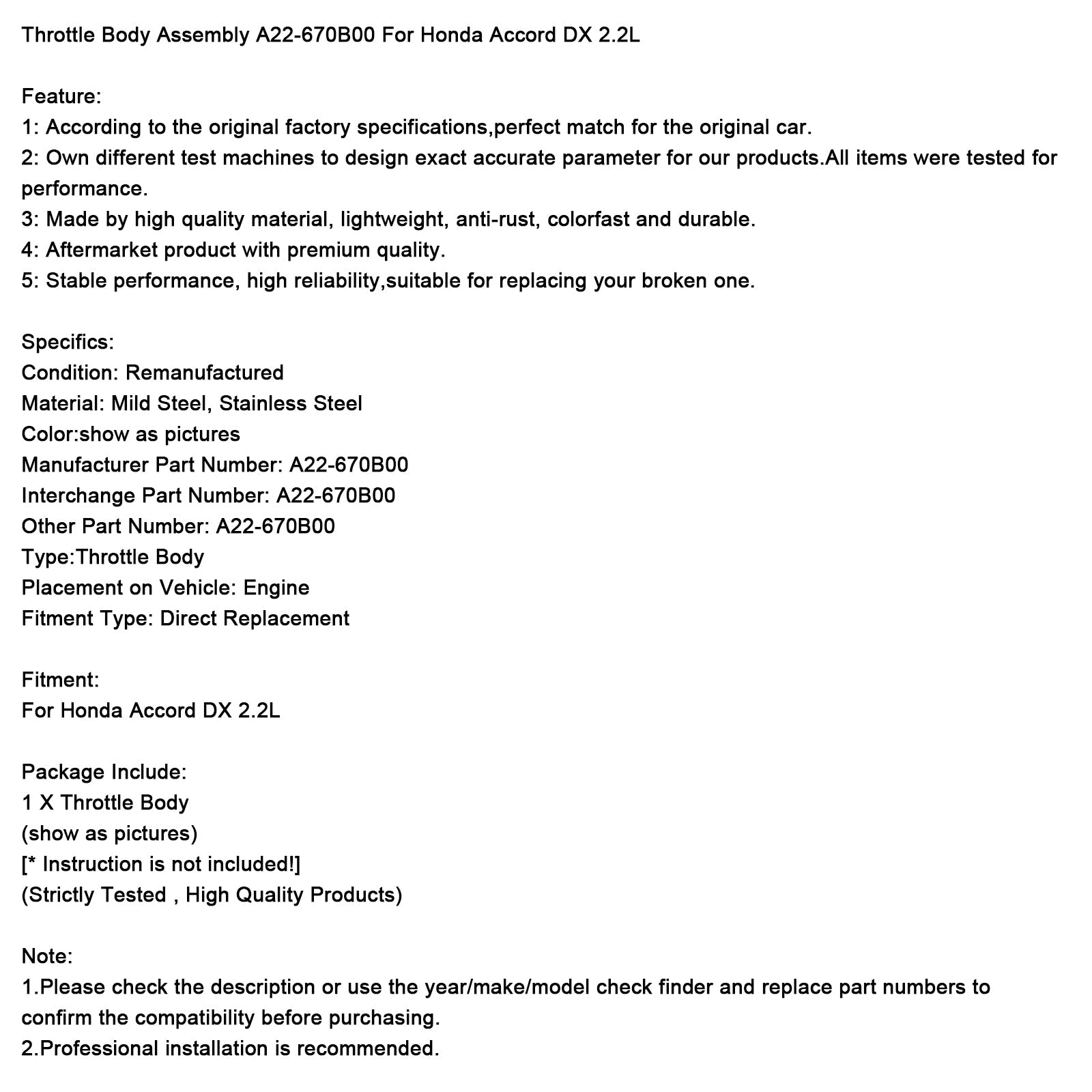 Ensemble de corps de papillon Honda Accord DX 2,2 L A22-670B00