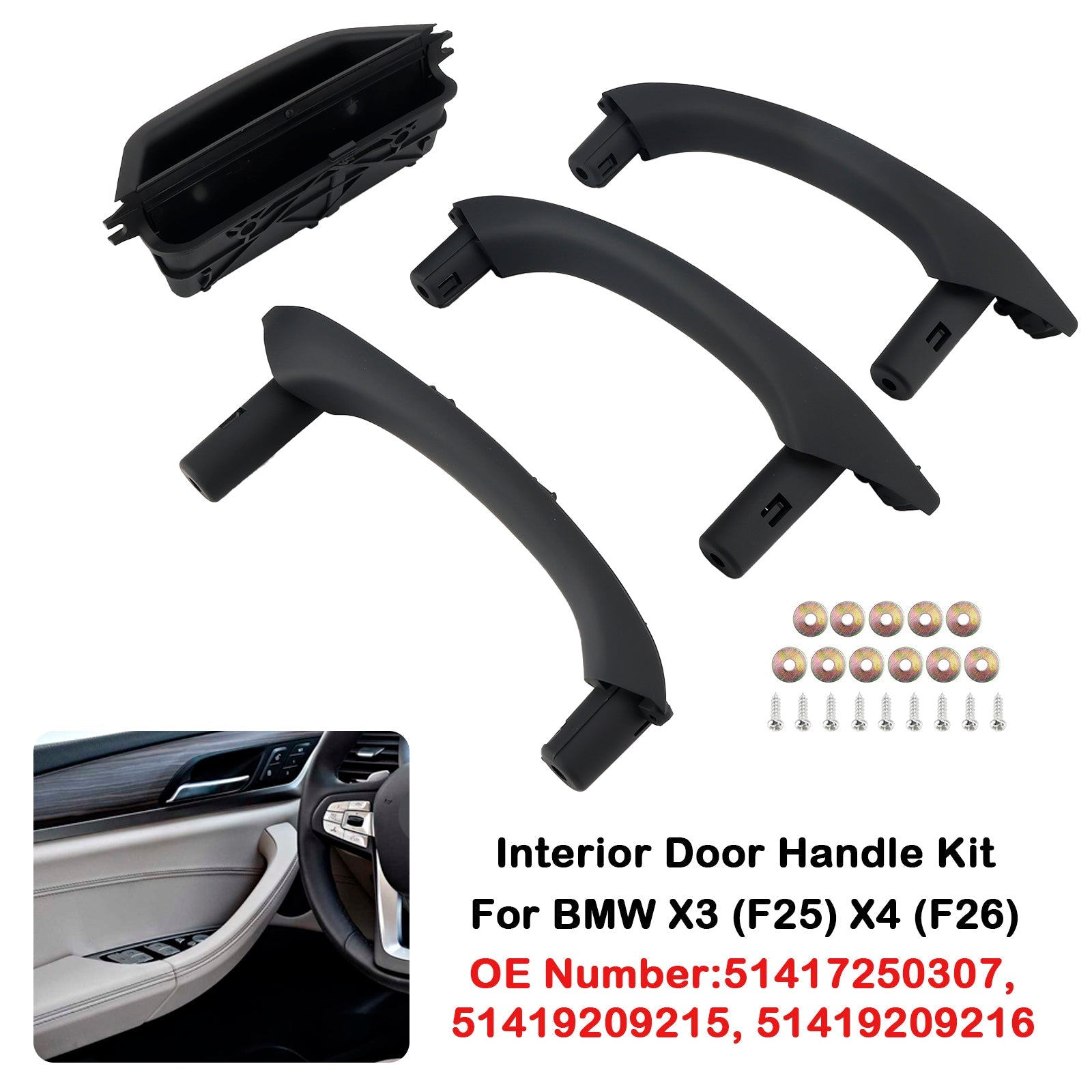 Kit de poignées de porte intérieures noires 51417250307 pour BMW X3 (F25) X4 (F26)