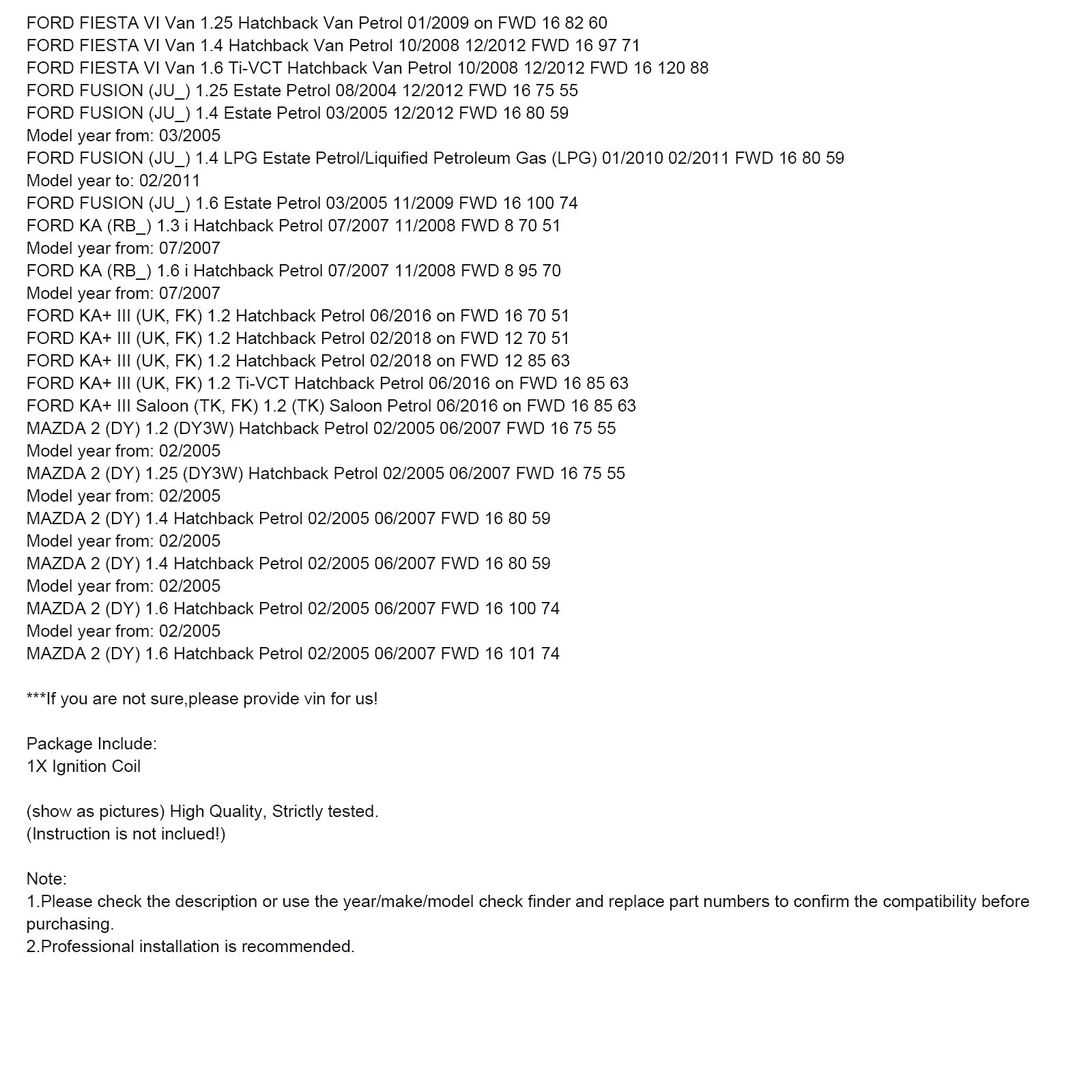 Pack de bobines d'allumage 0221503485 Ford Fiesta mk6 mk7 2005 - 2017 1.25 1.4 1.6