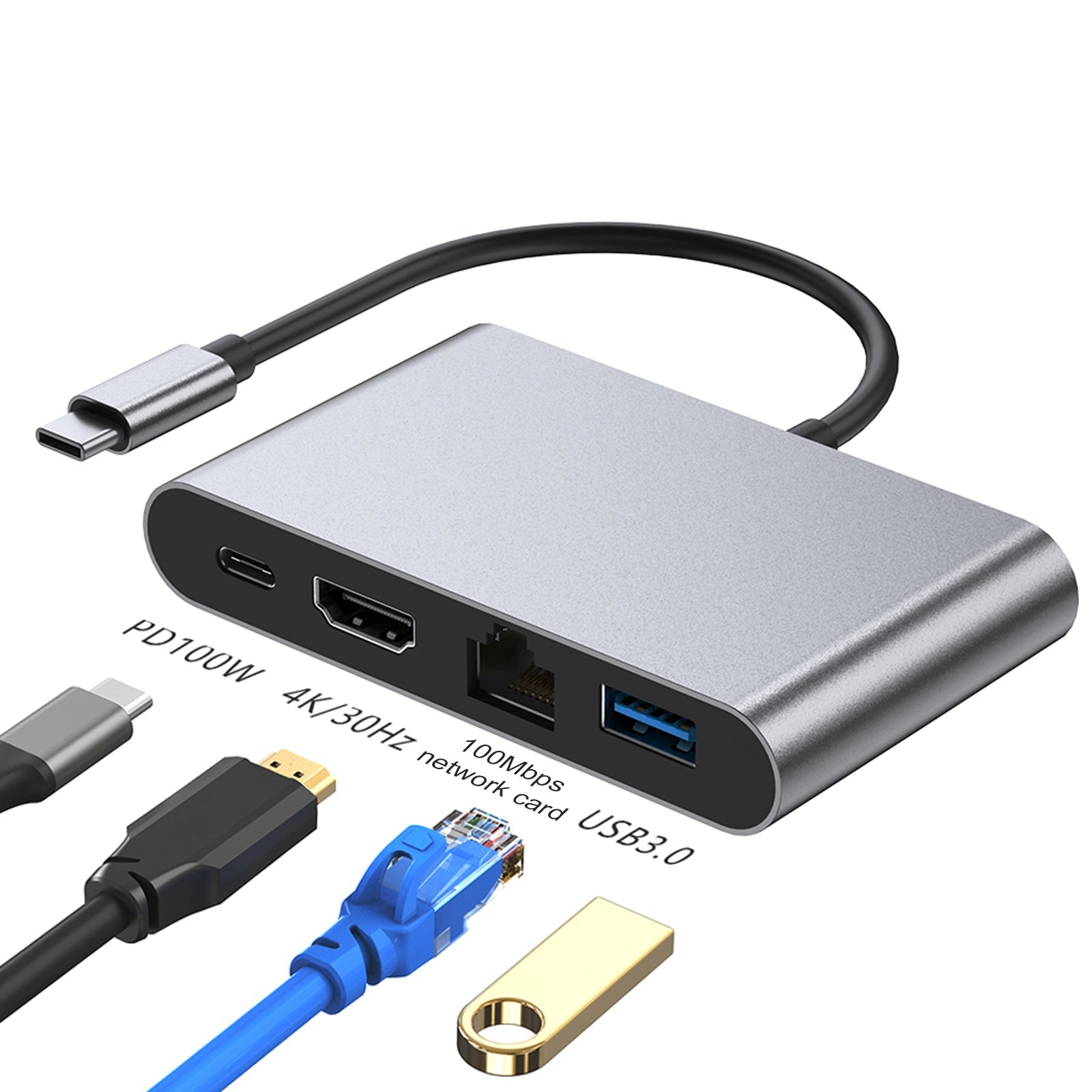 Station d';accueil 4 en 1 TYPE-C vers RJ45 100M HDMI USB3.0 PD Interface pour MacBook