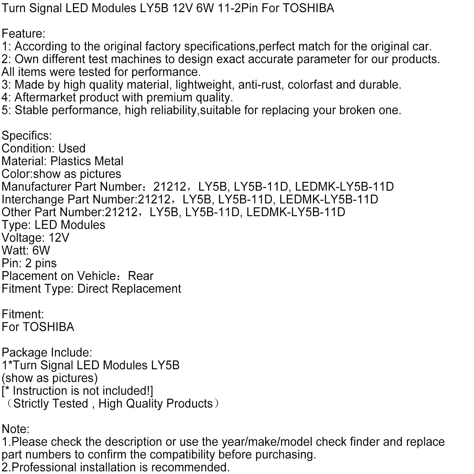 Modules de clignotants LED LY5B 12 V 6 W 11-2 broches pour TOSHIBA