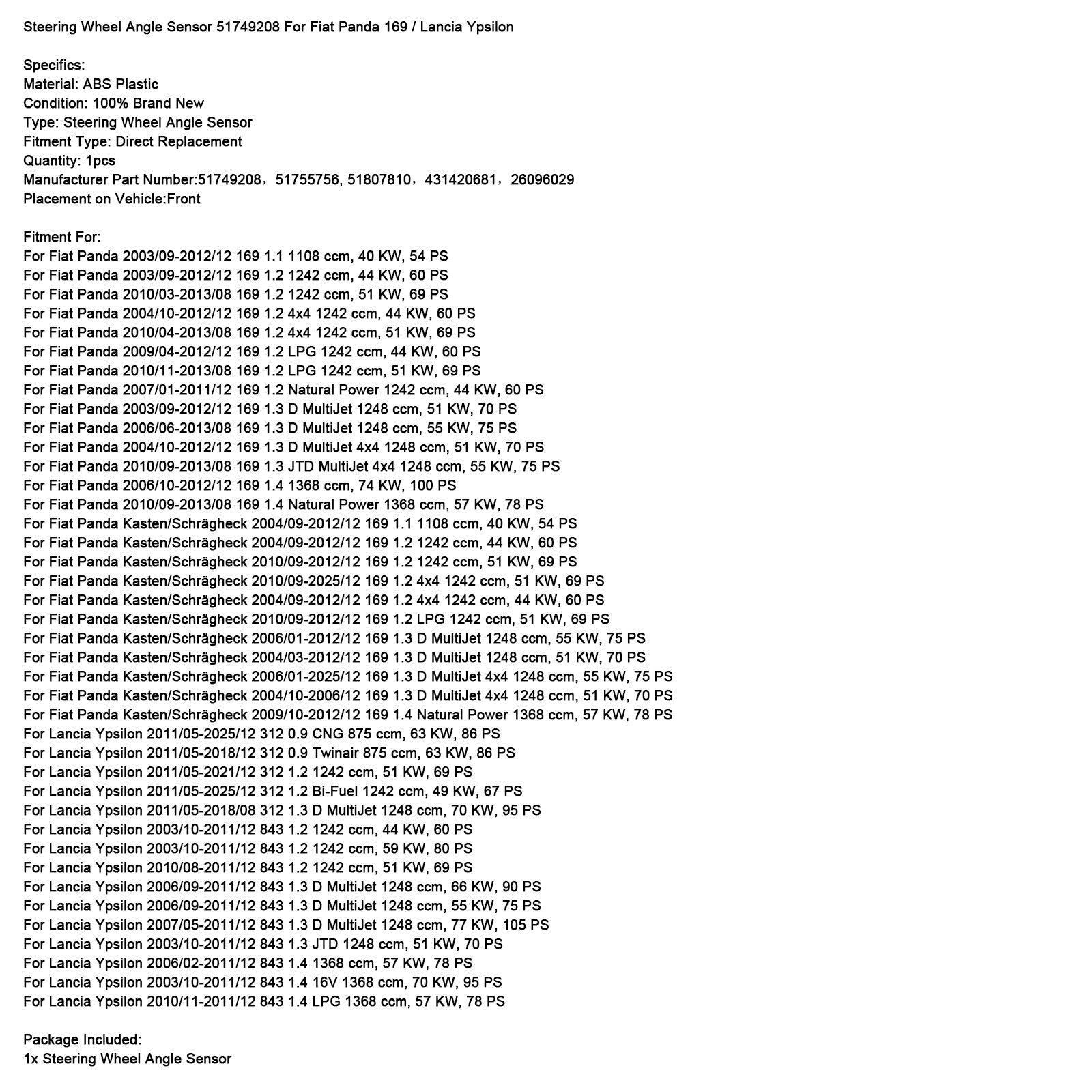 Sensore d&Angolo volante 51749208 per Fiat Panda 169/Lancia Ypsilon