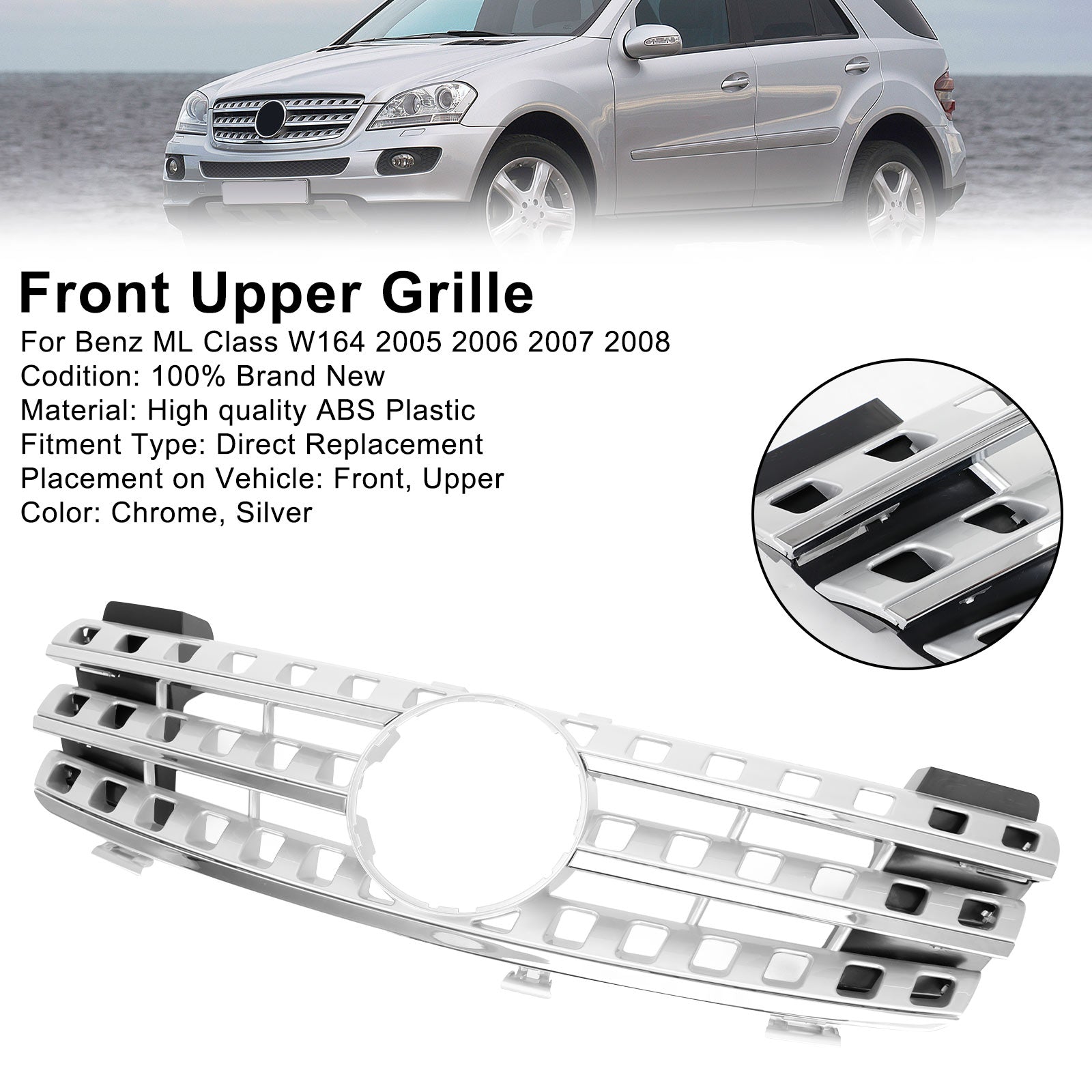 Front Grille Grill Pour Mercedes-Benz ML-Class W164 2005-2008 Chrome