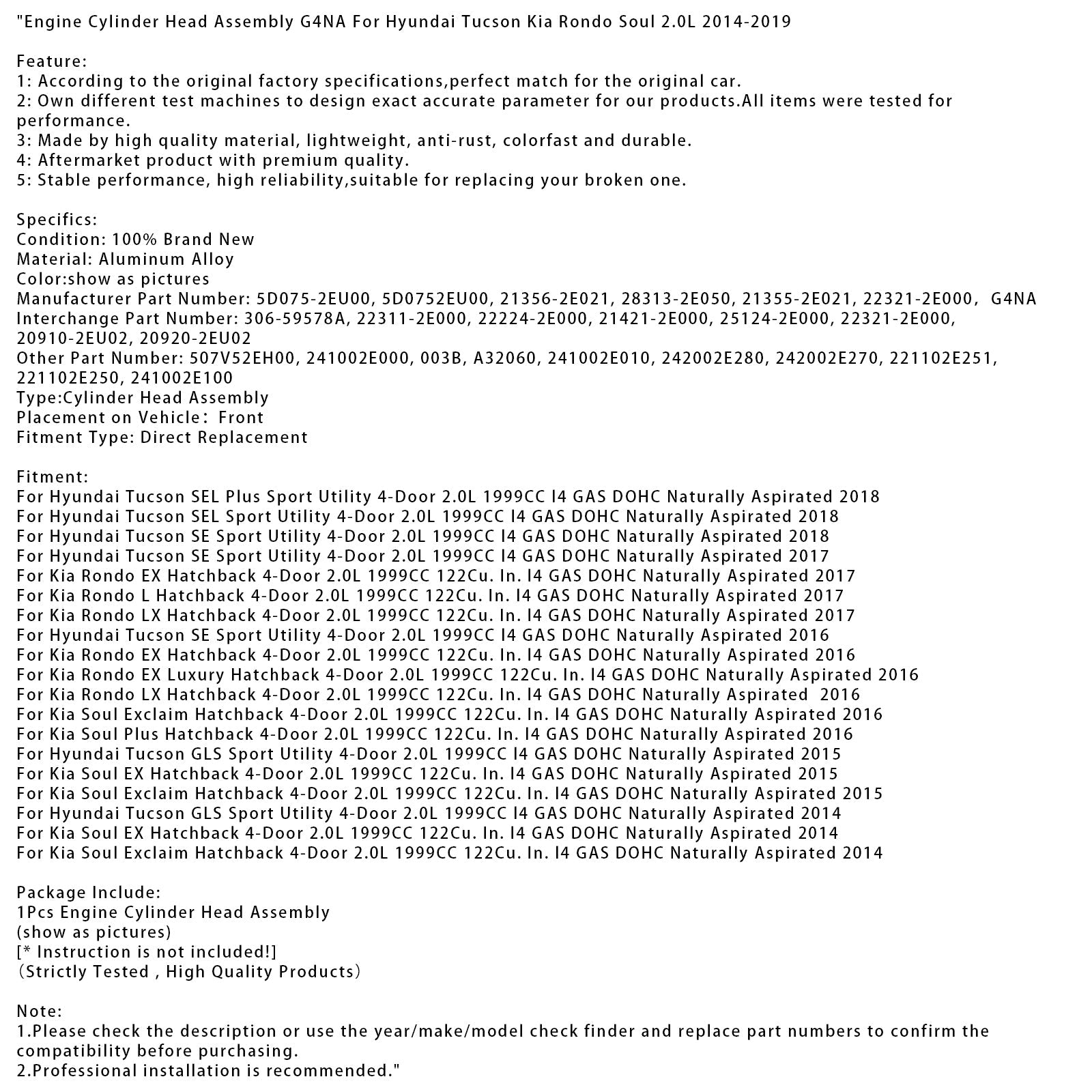 2.0L Hyundai Tucson Kia Rondo Soul Engine Cylinder Head 2014-2019 G4NA