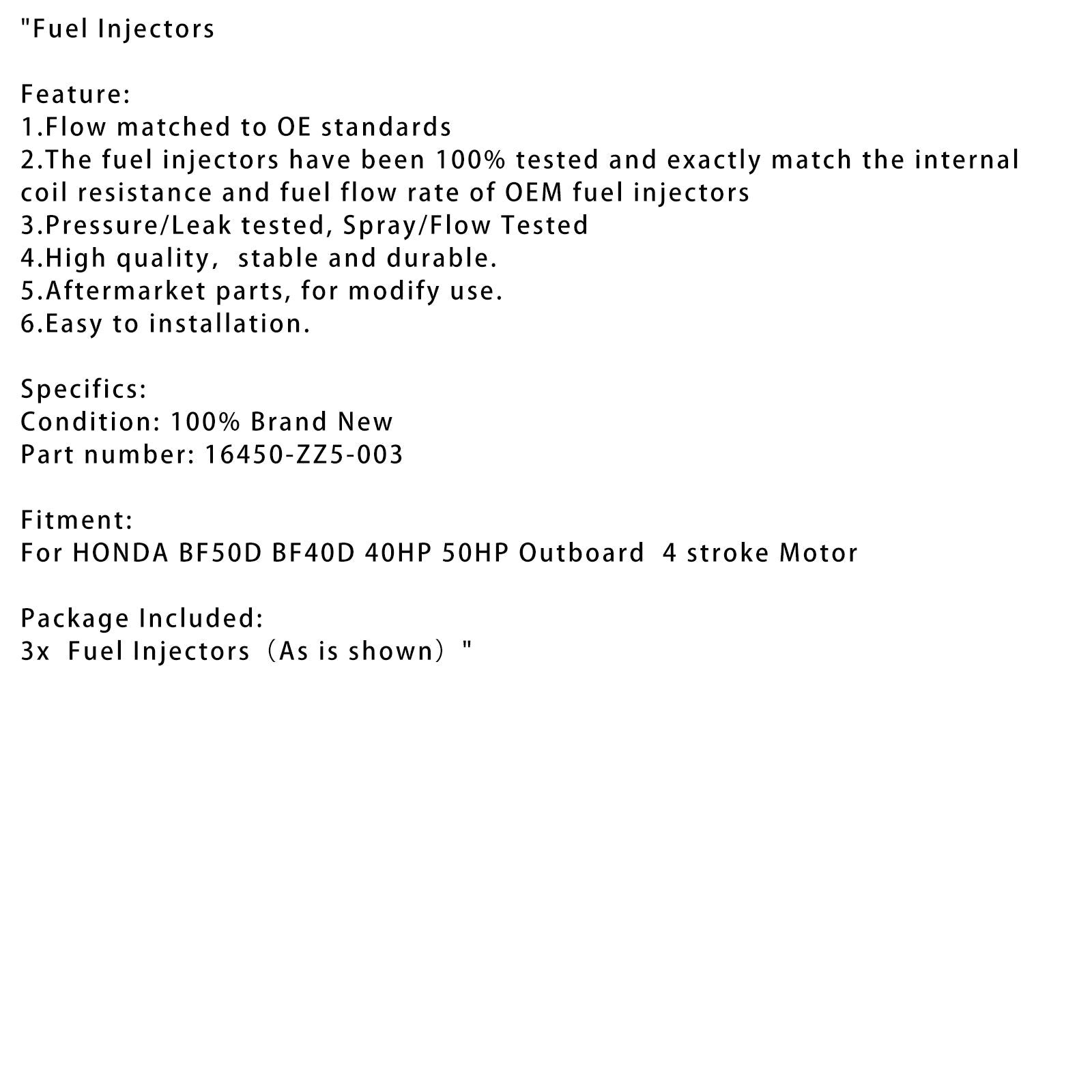 Injecteur de carburant 3 pièces pour moteur hors-bord HONDA BF50D BF40D 40HP 50HP 16450-ZZ5-003