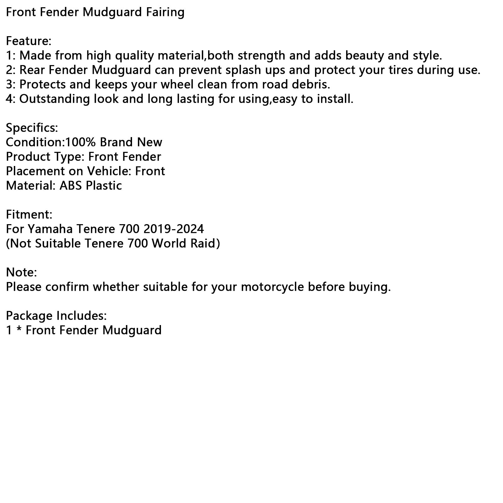 2019-2024 Yamaha Tenere 700 Carénage de garde-boue avant