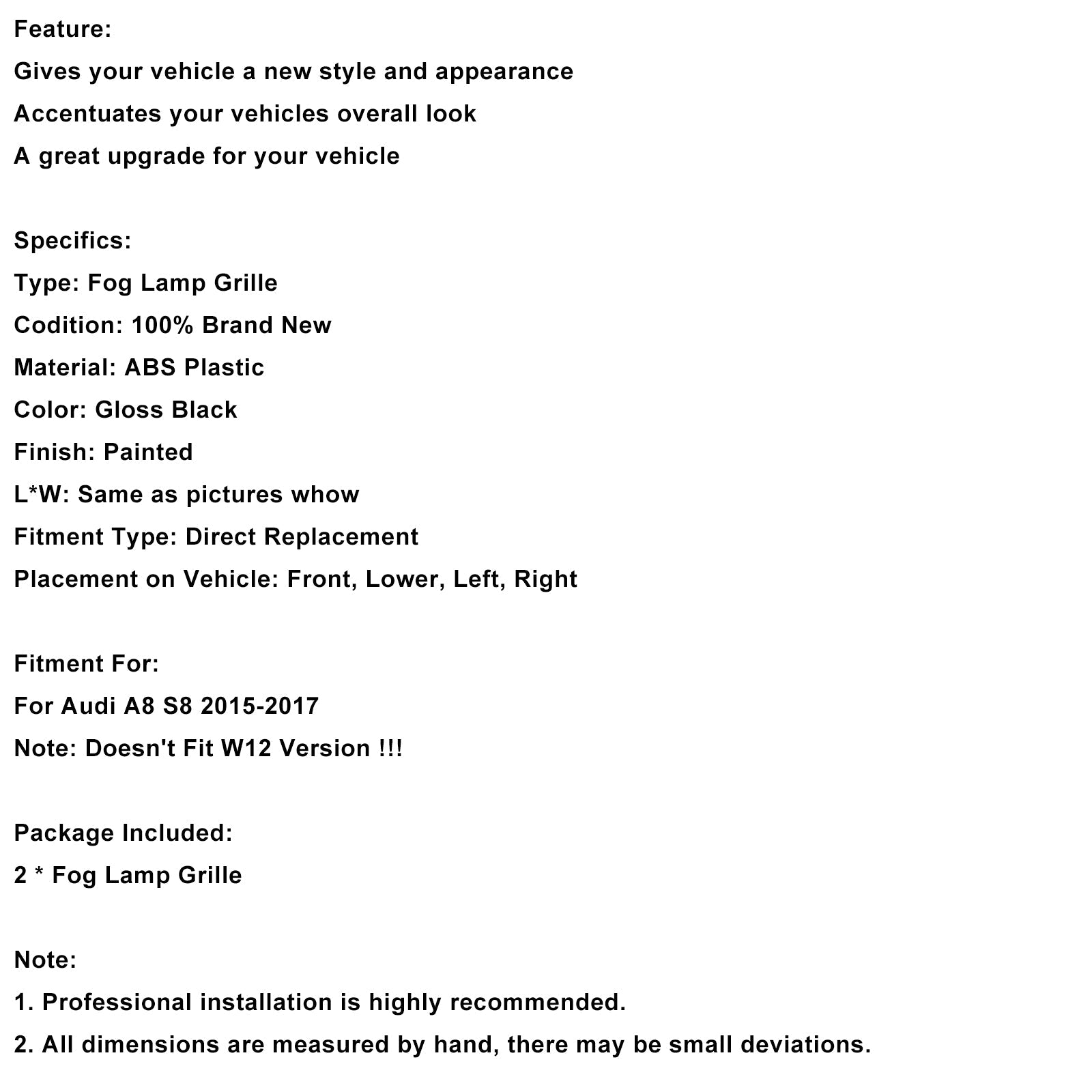 Black Fog Light Protection Grid voor Audi A8 S8 2015-2017, 2 kamers