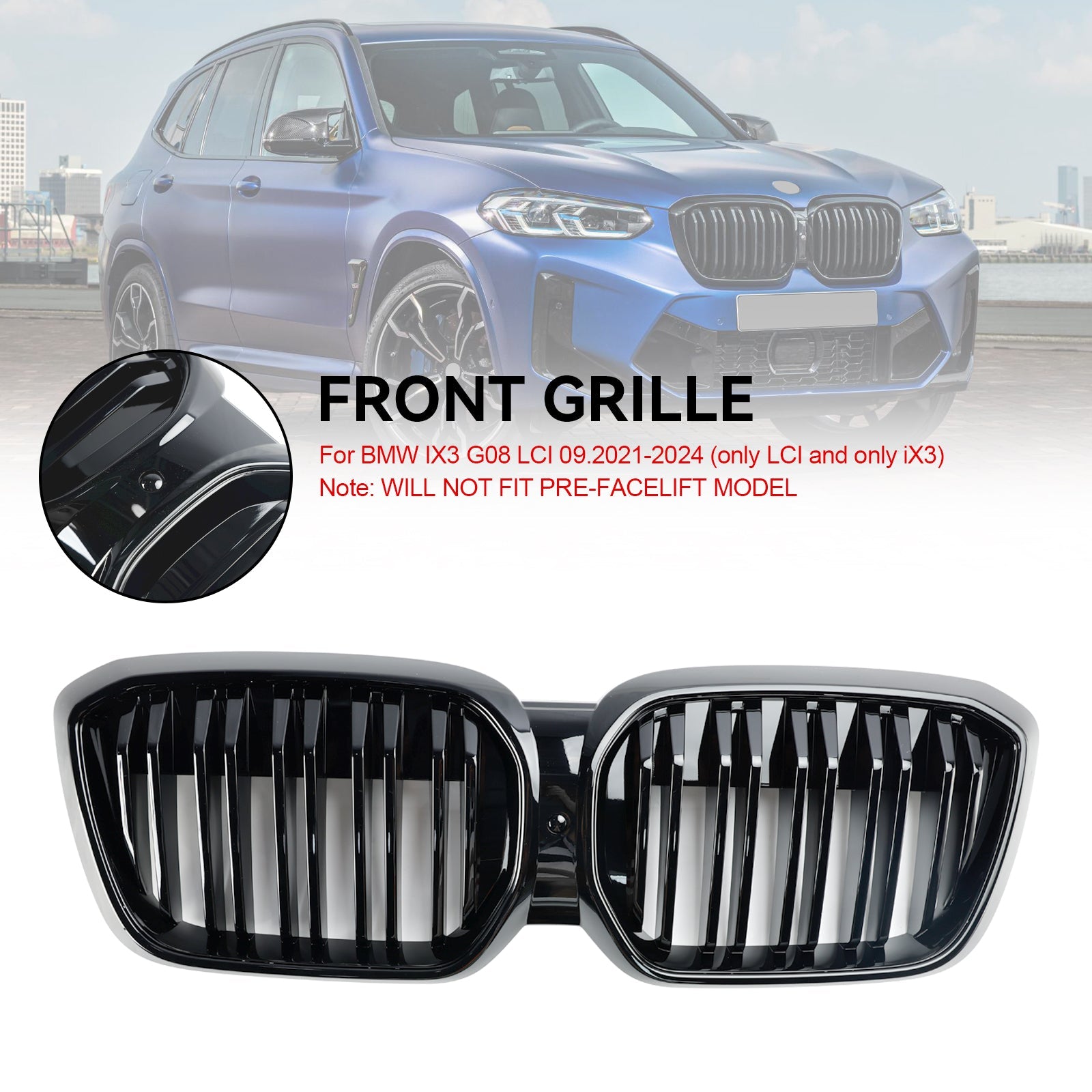 2022+ BMW IX3 G08 LCI Grille de calandre avant à double lamelles noir brillant