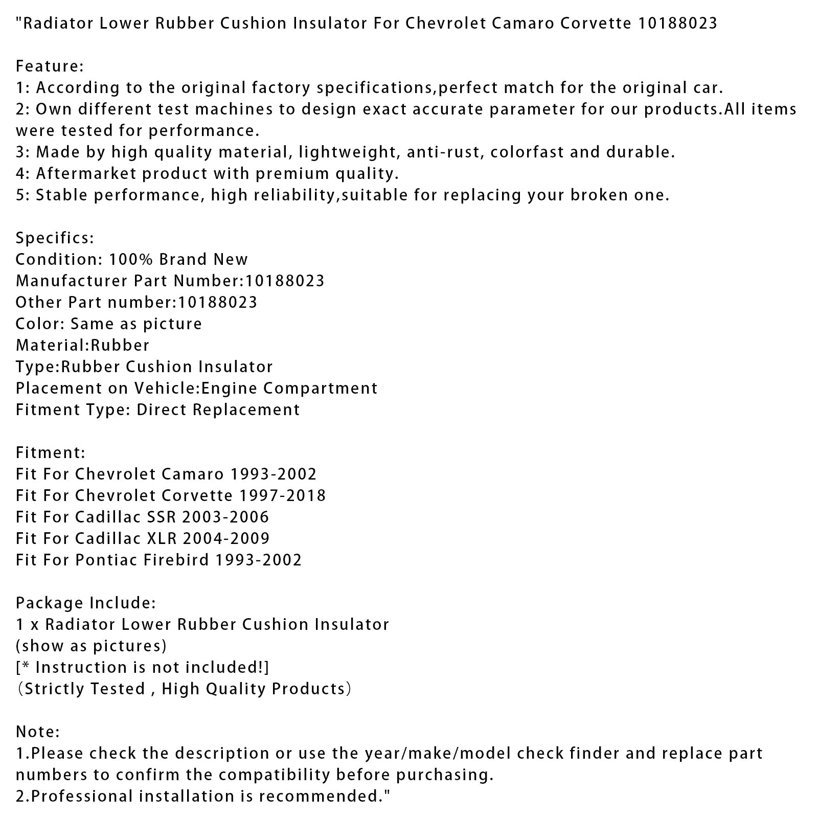 Gumijasta izolacijska podloga spodnjega hladilnika za Chevrolet Camaro Corvette 10188023