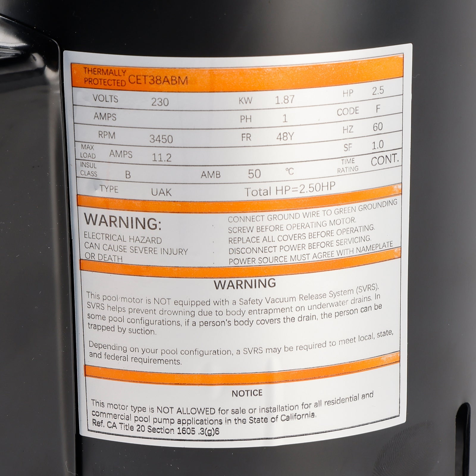 Moteur de piscine USQ1252 2,5 CV 230 V 48 Y à bride carrée avec kit de joints PS-200