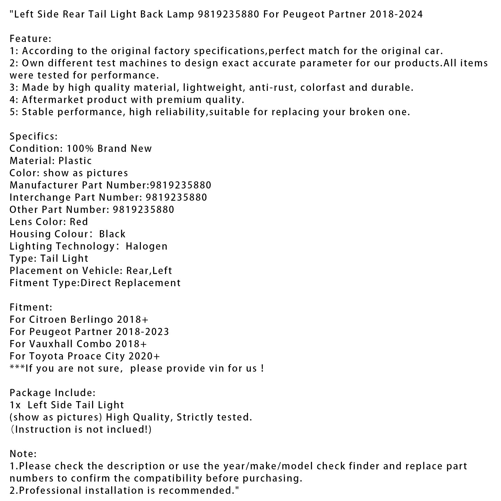 PEUGEOT PARTNER 2018-2023 981923580 Tylne światło tylne