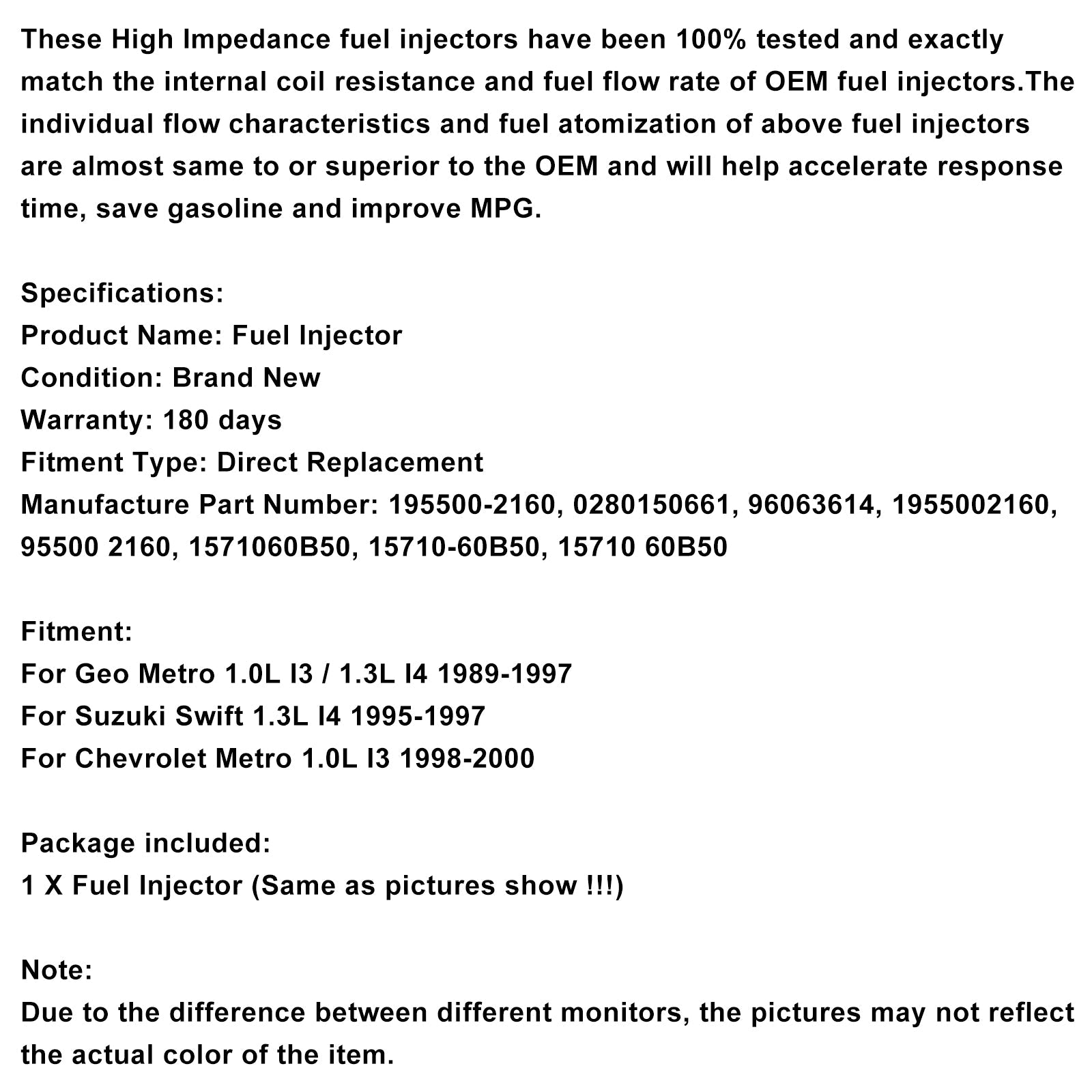 Inyector de combustible de 1 pieza 0280150661 para Geo Metro Suzuki Swift 1.0L 195500-2160
