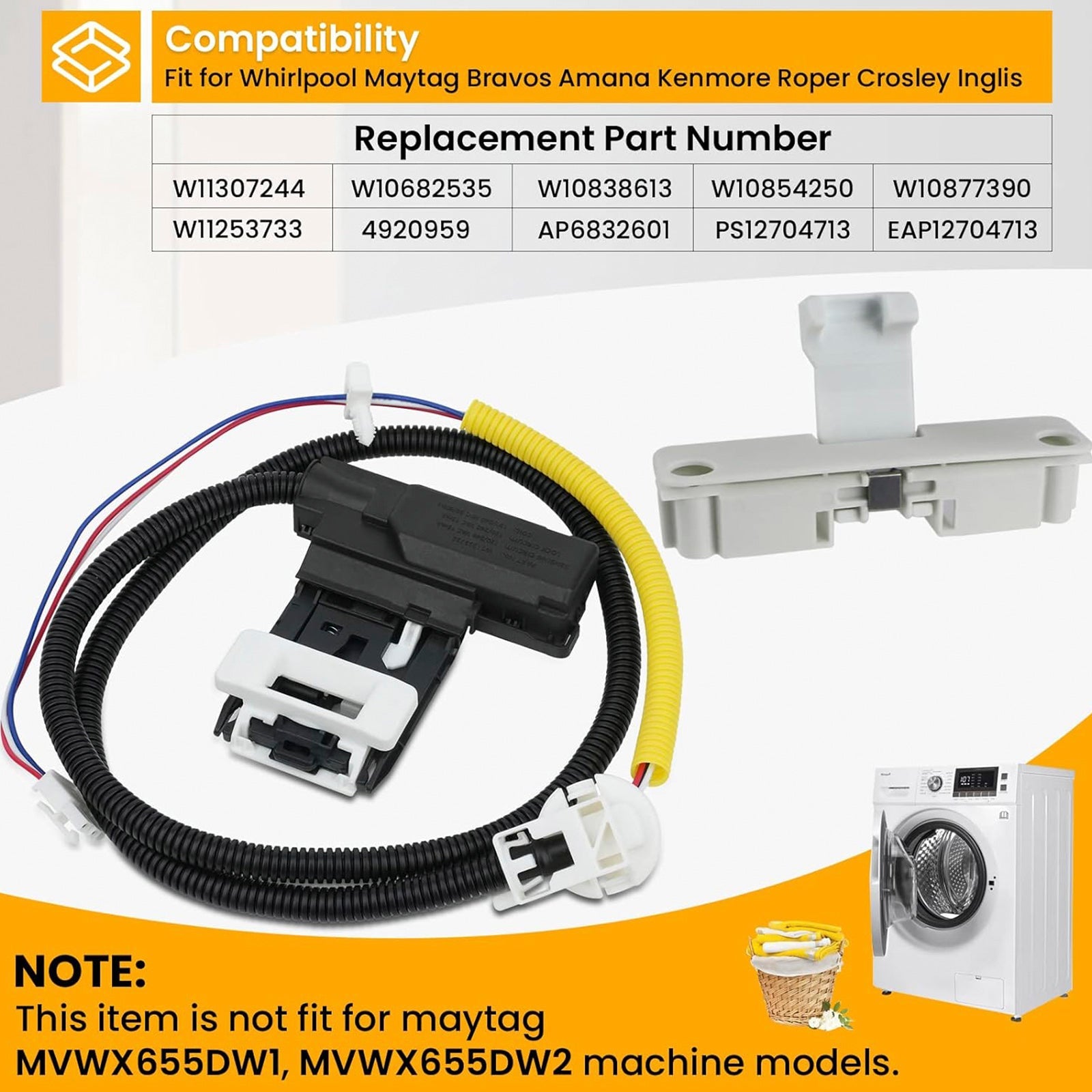 Zespół blokady pokrywy pralki W11307244  W10682535 i zatrzask pokrywy W10837741 dla Maytaga