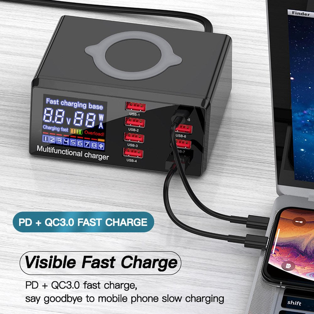 100W 8 Port USB QC3.0 Fast PD Chargeur Rapide Wireless Charging Station EU Plug