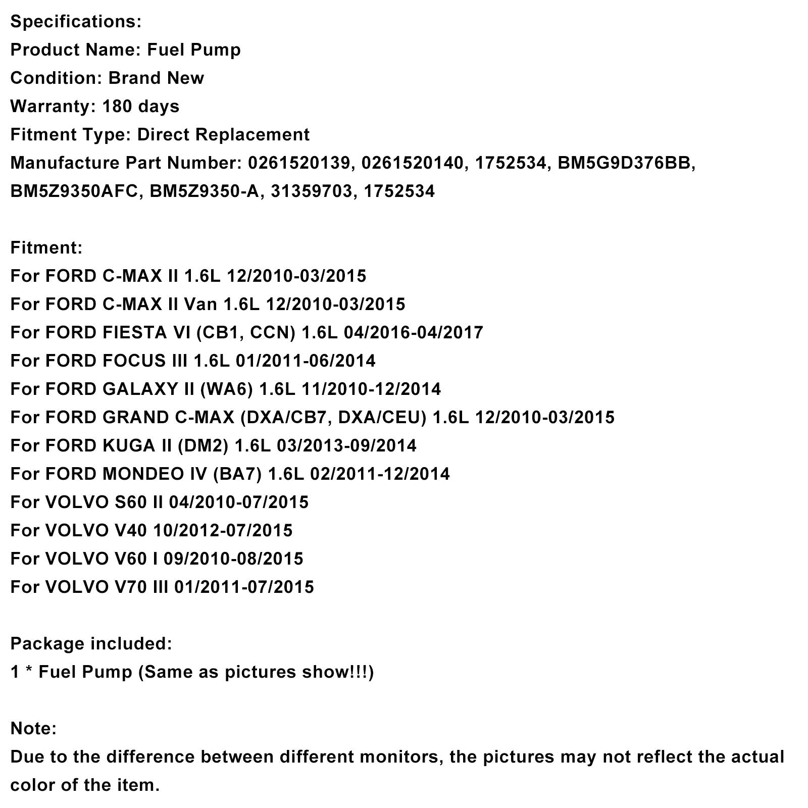 12/2010-03/2015 FORD C-MAX II Van 1.6L visokotlačna črpalka za gorivo BM5G9D376BB 1752534 0261520139